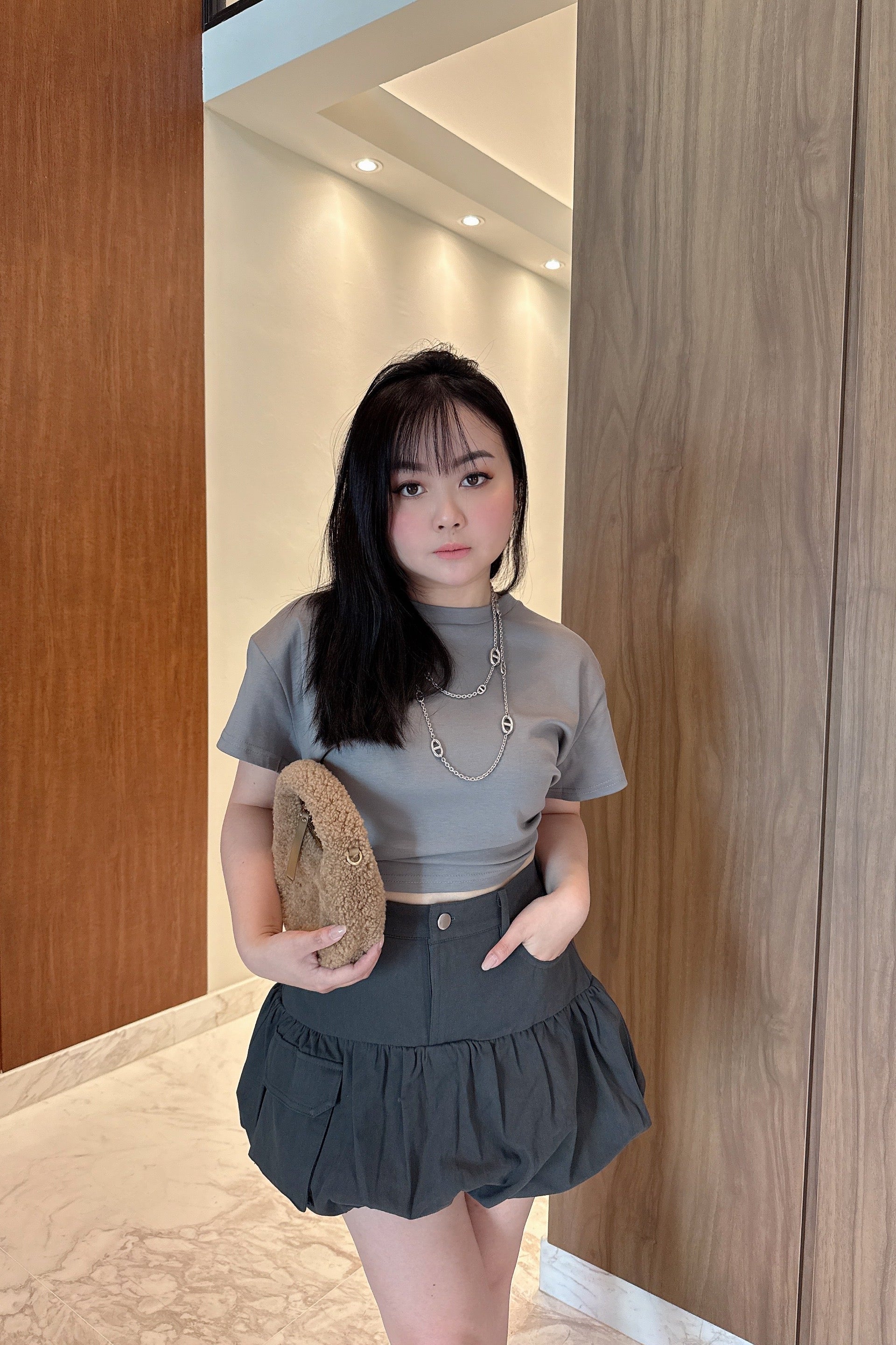 Bubble-Hem Skorts in Slate Grey