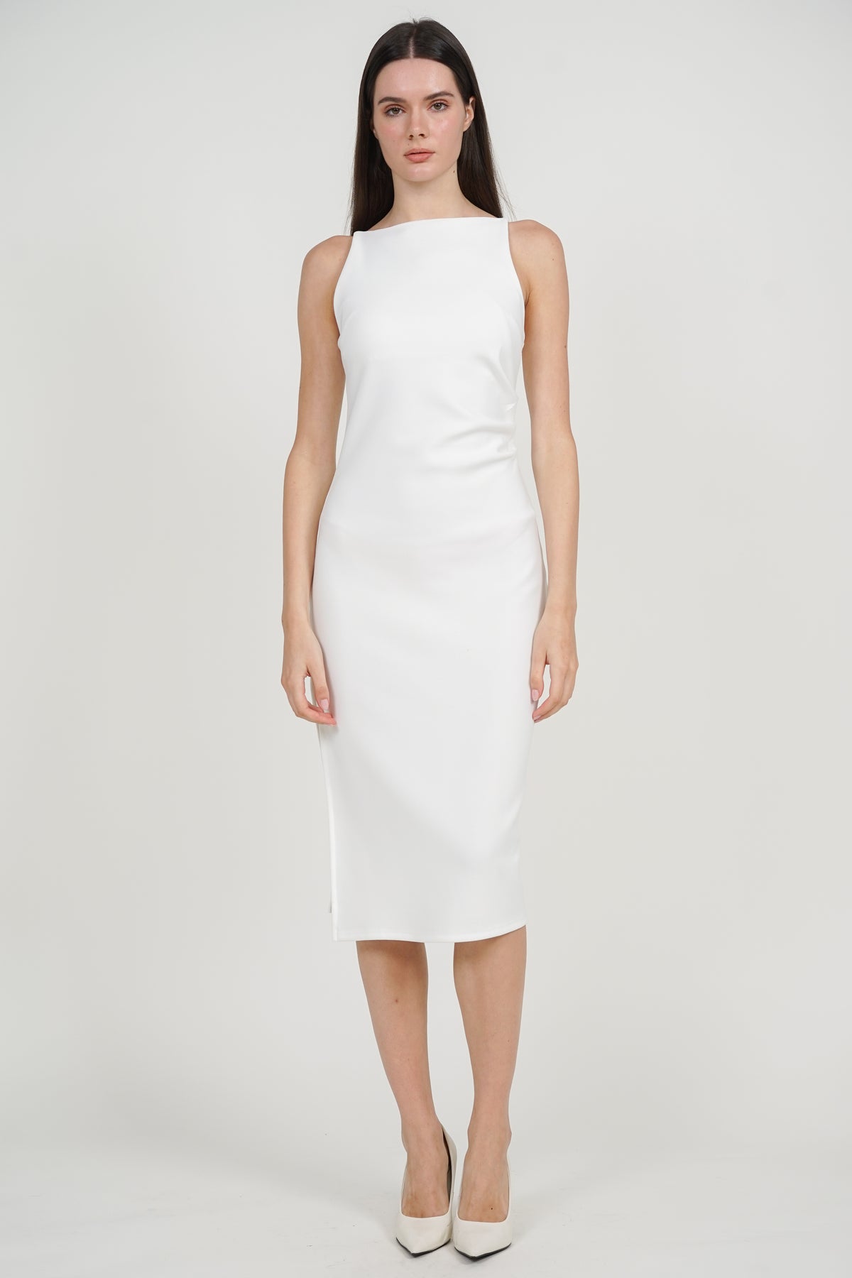 Draped Square Neck Side Slit Dress in White