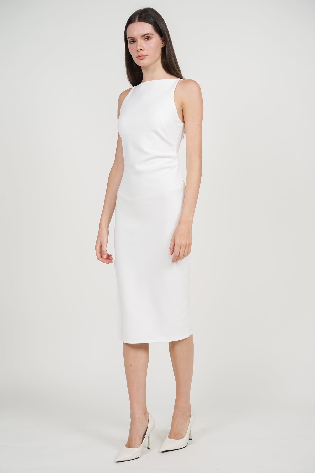 Draped Square Neck Side Slit Dress in White