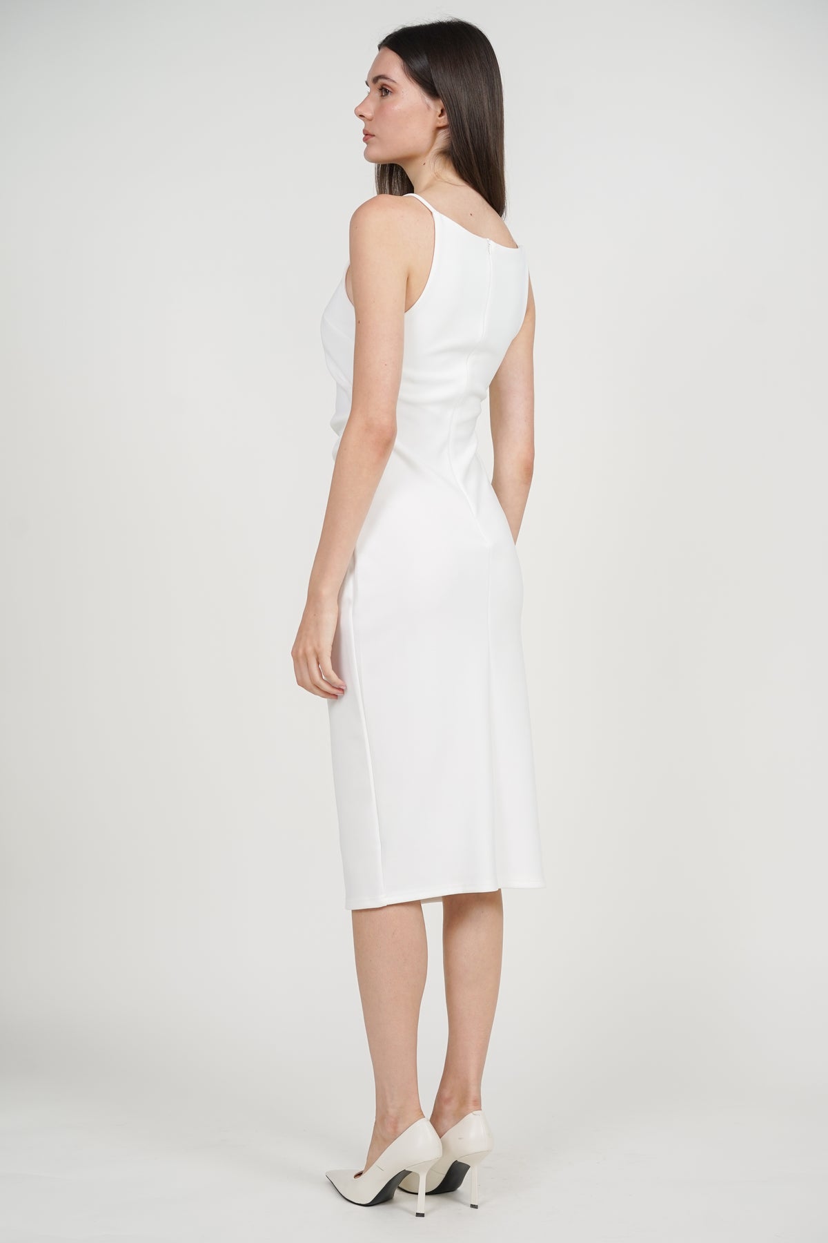 Draped Square Neck Side Slit Dress in White