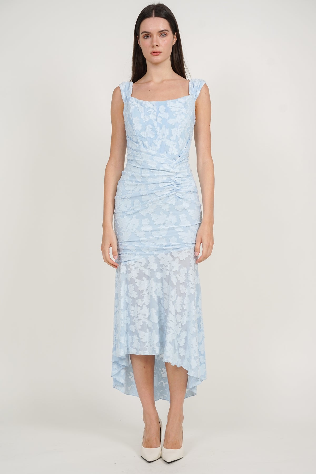 Corset High-Low Ruched Dress in Blue Floral