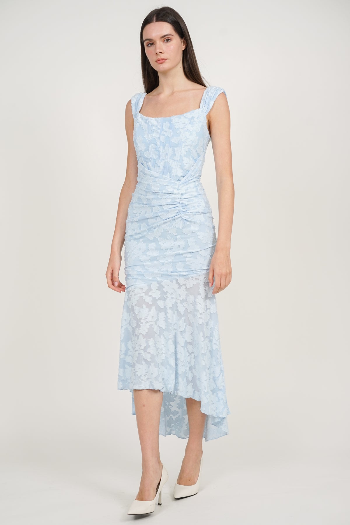 Corset High-Low Ruched Dress in Blue Floral