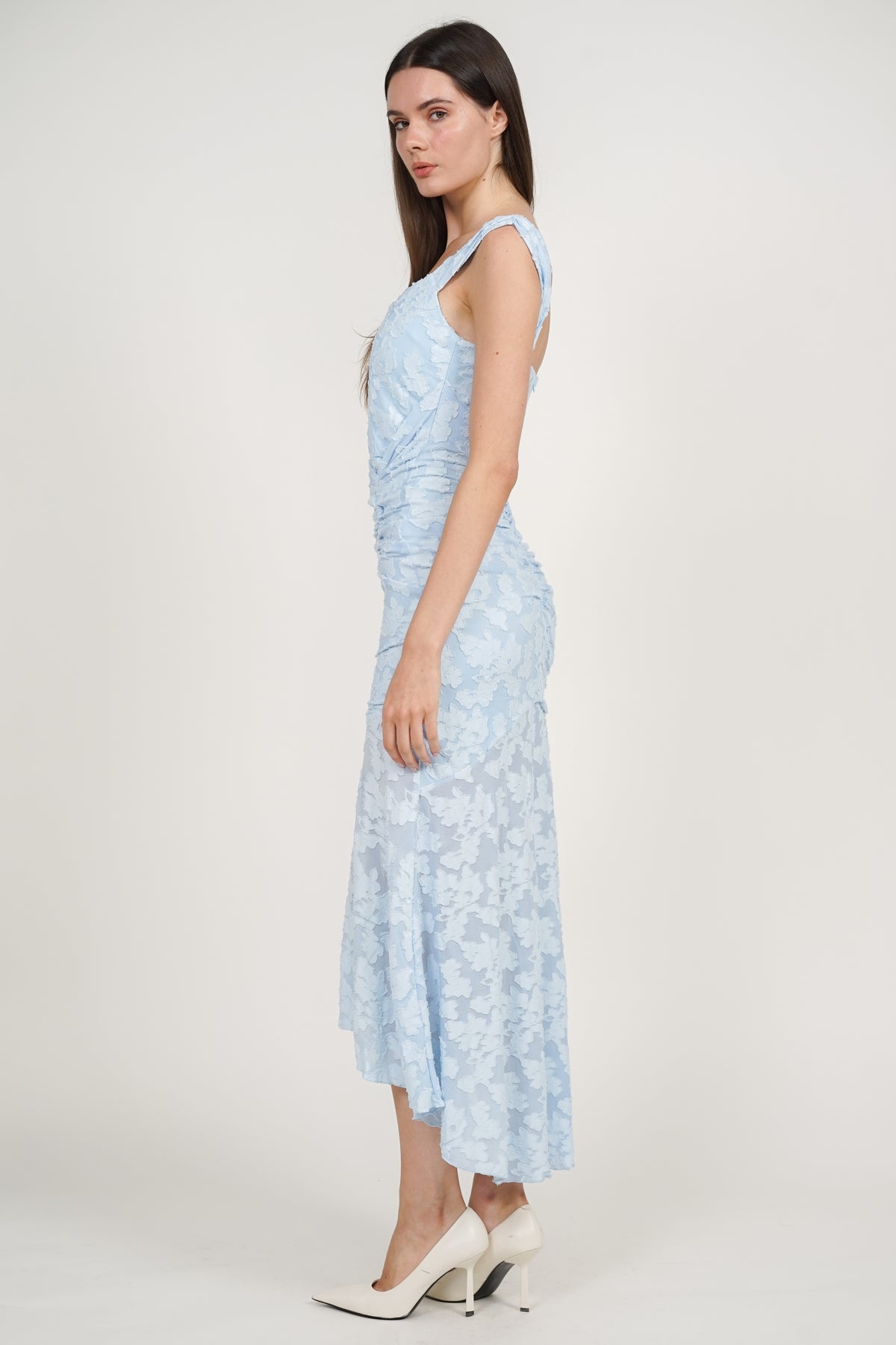 Corset High-Low Ruched Dress in Blue Floral
