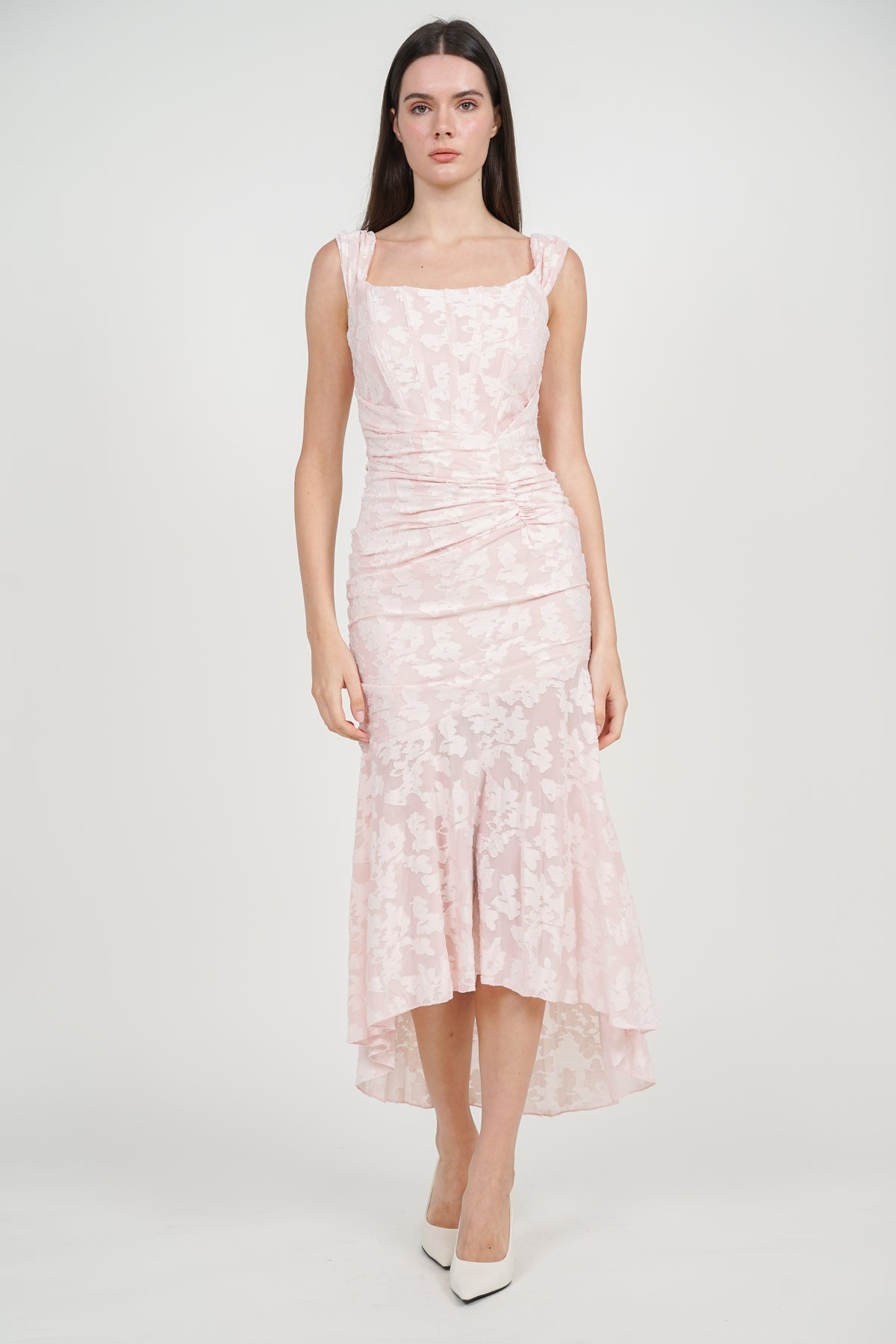 Corset High-Low Ruched Dress in Pink Floral