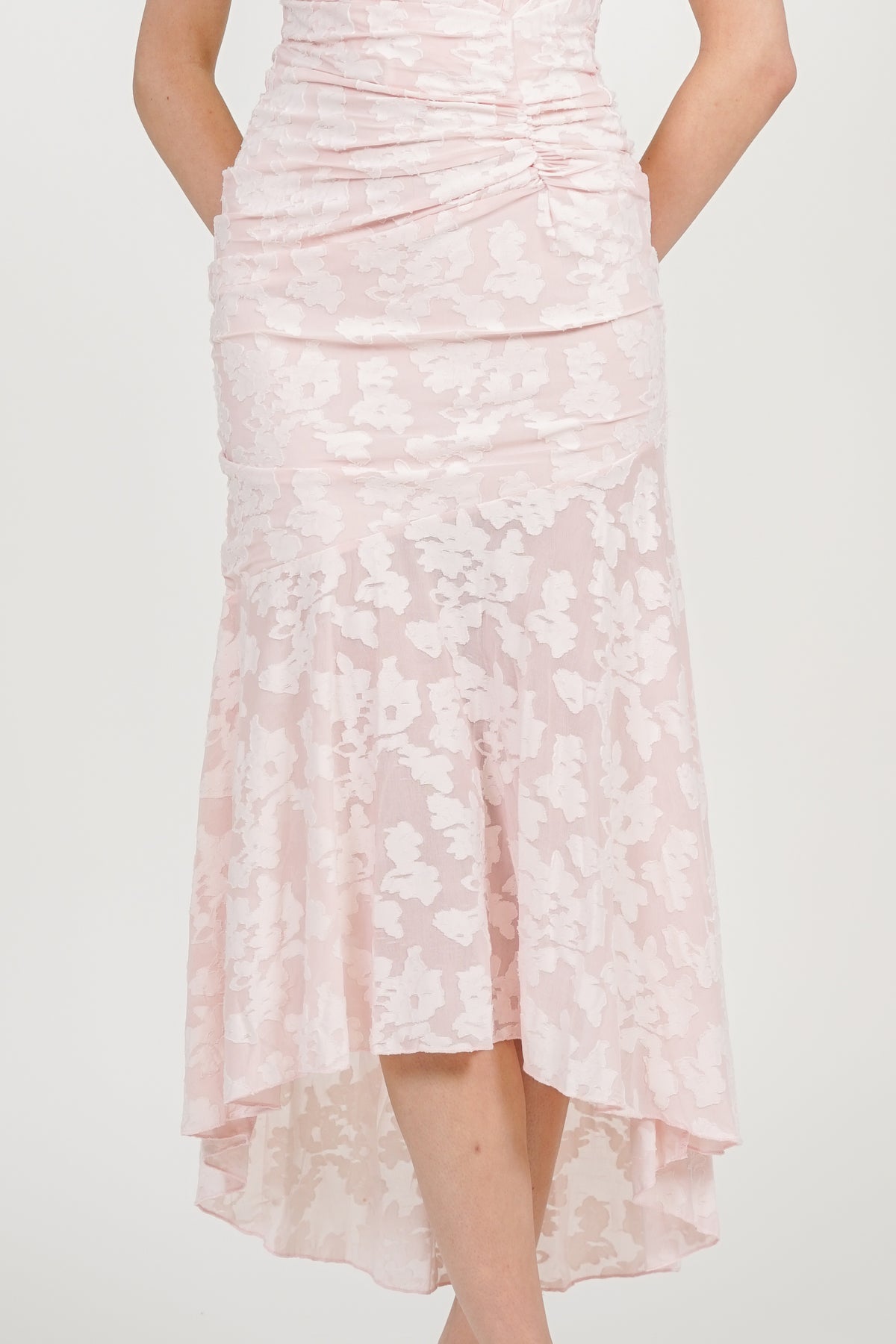 Corset High-Low Ruched Dress in Pink Floral