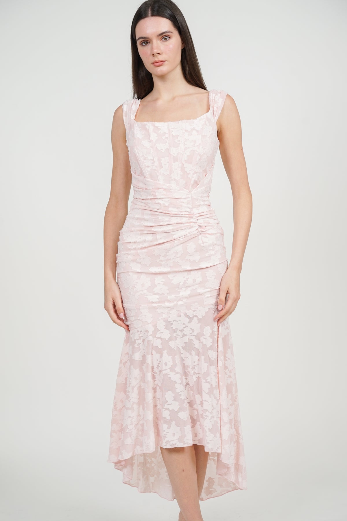 Corset High-Low Ruched Dress in Pink Floral