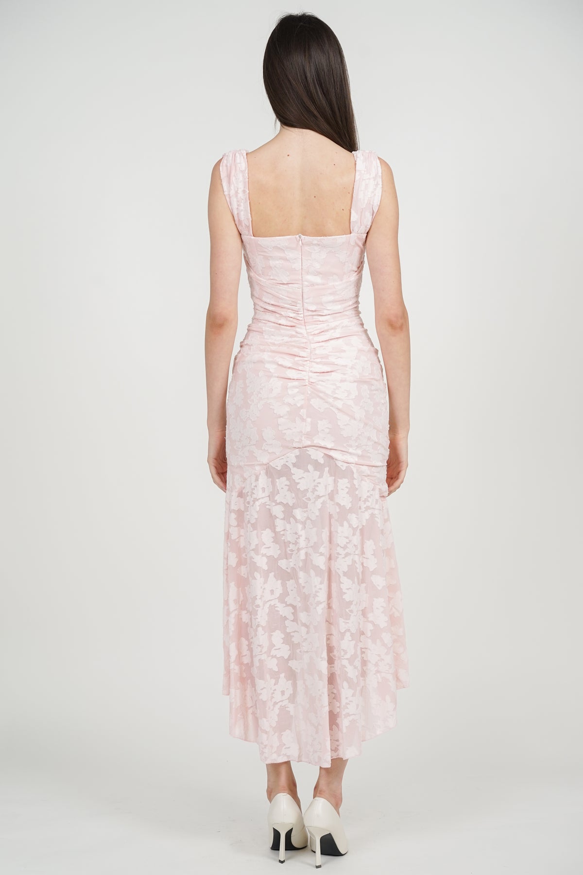 Corset High-Low Ruched Dress in Pink Floral