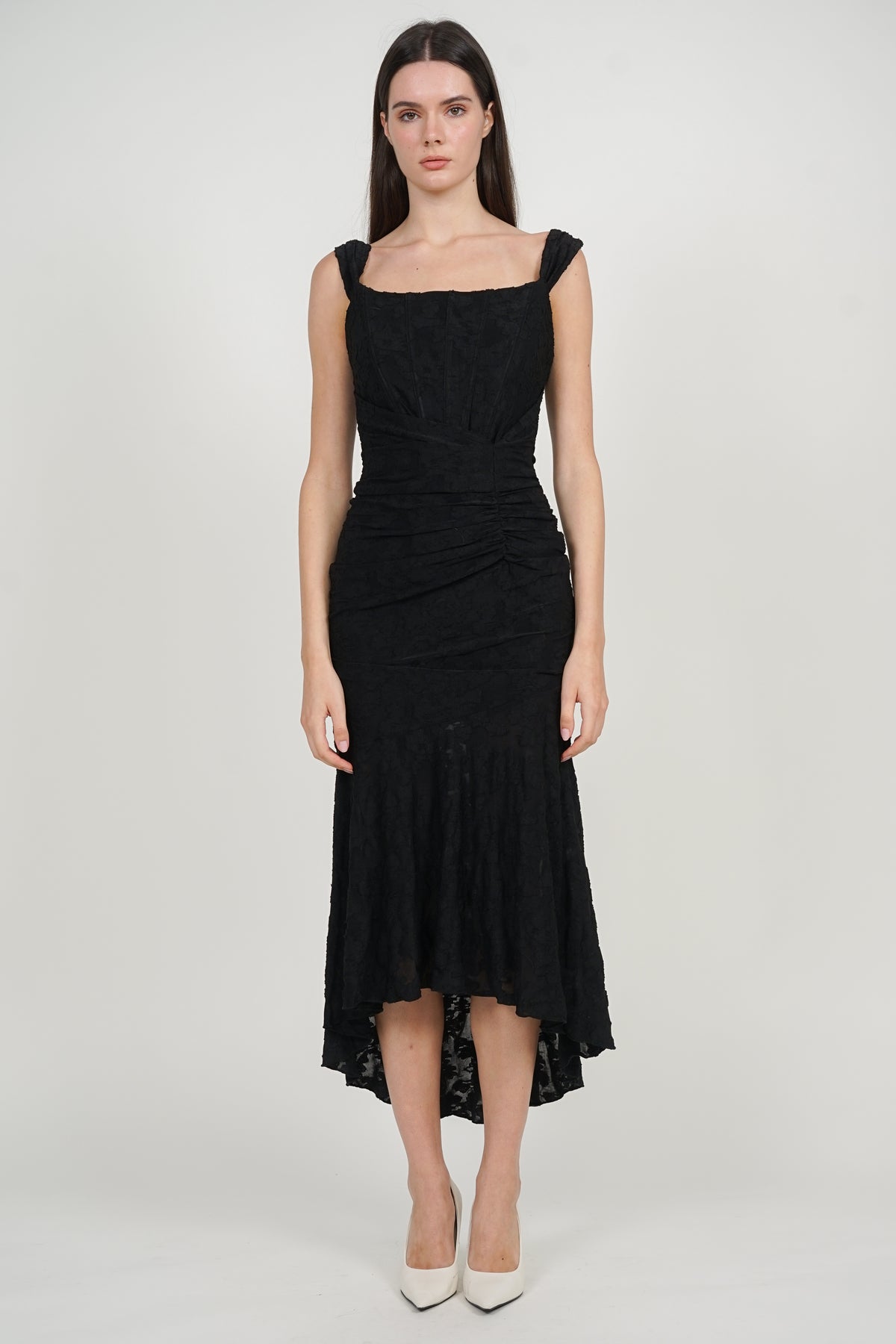 Corset High-Low Ruched Dress in Black Floral