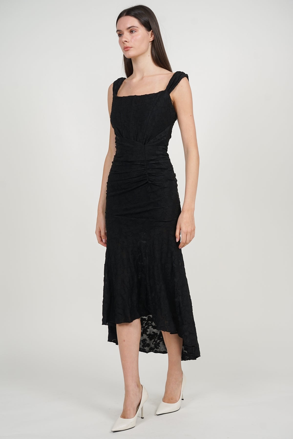 Corset High-Low Ruched Dress in Black Floral