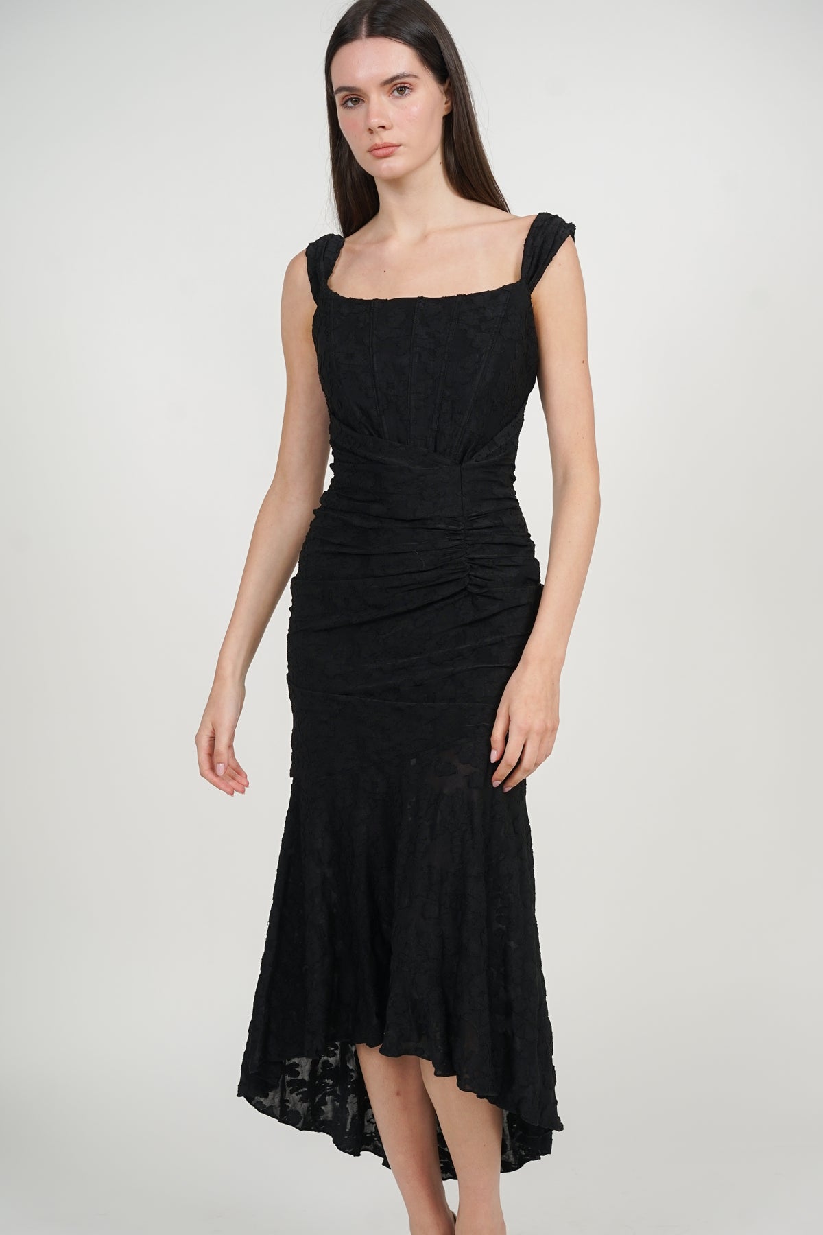 Corset High-Low Ruched Dress in Black Floral