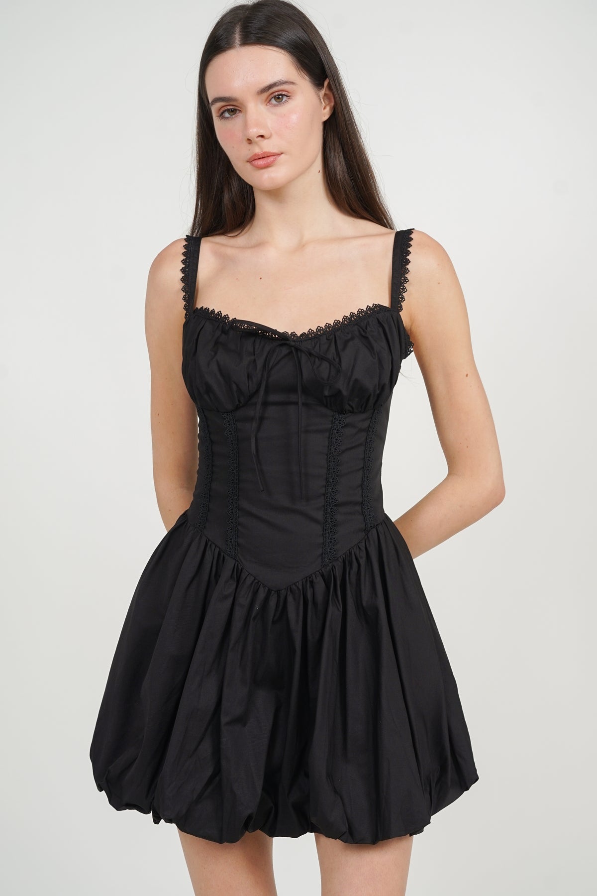 Lace-Up Gathered Hem Dress in Black