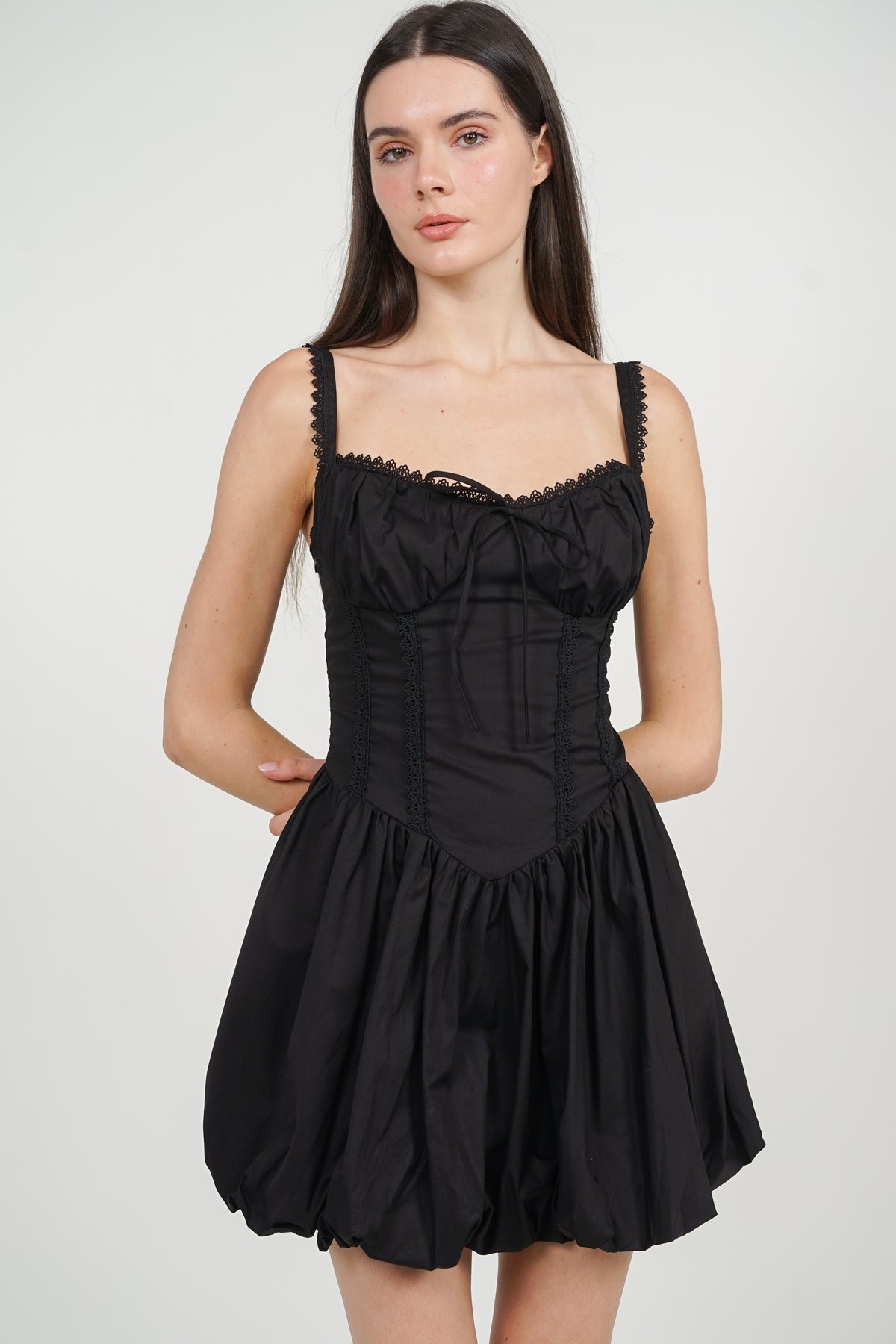 Lace-Up Gathered Hem Dress in Black
