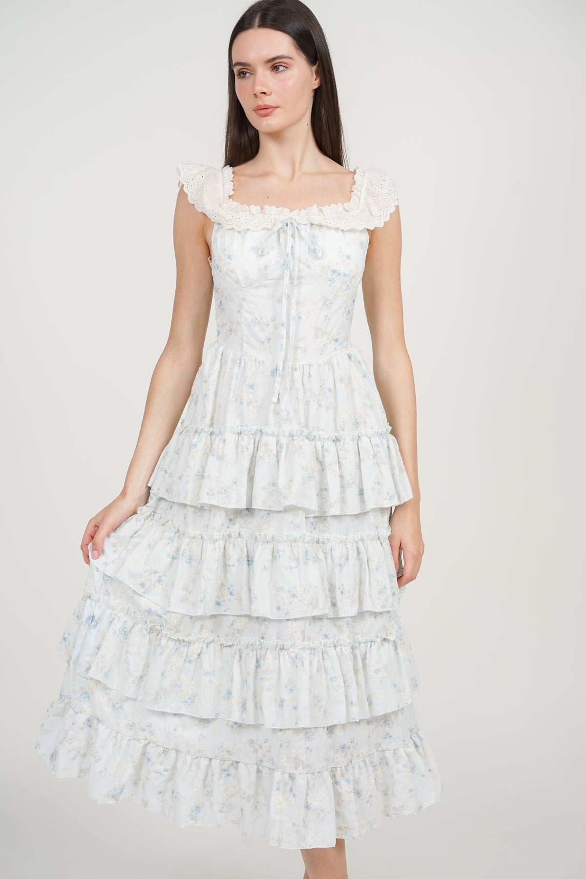 Tiered Maxi Floral Embroidery Dress in Blue