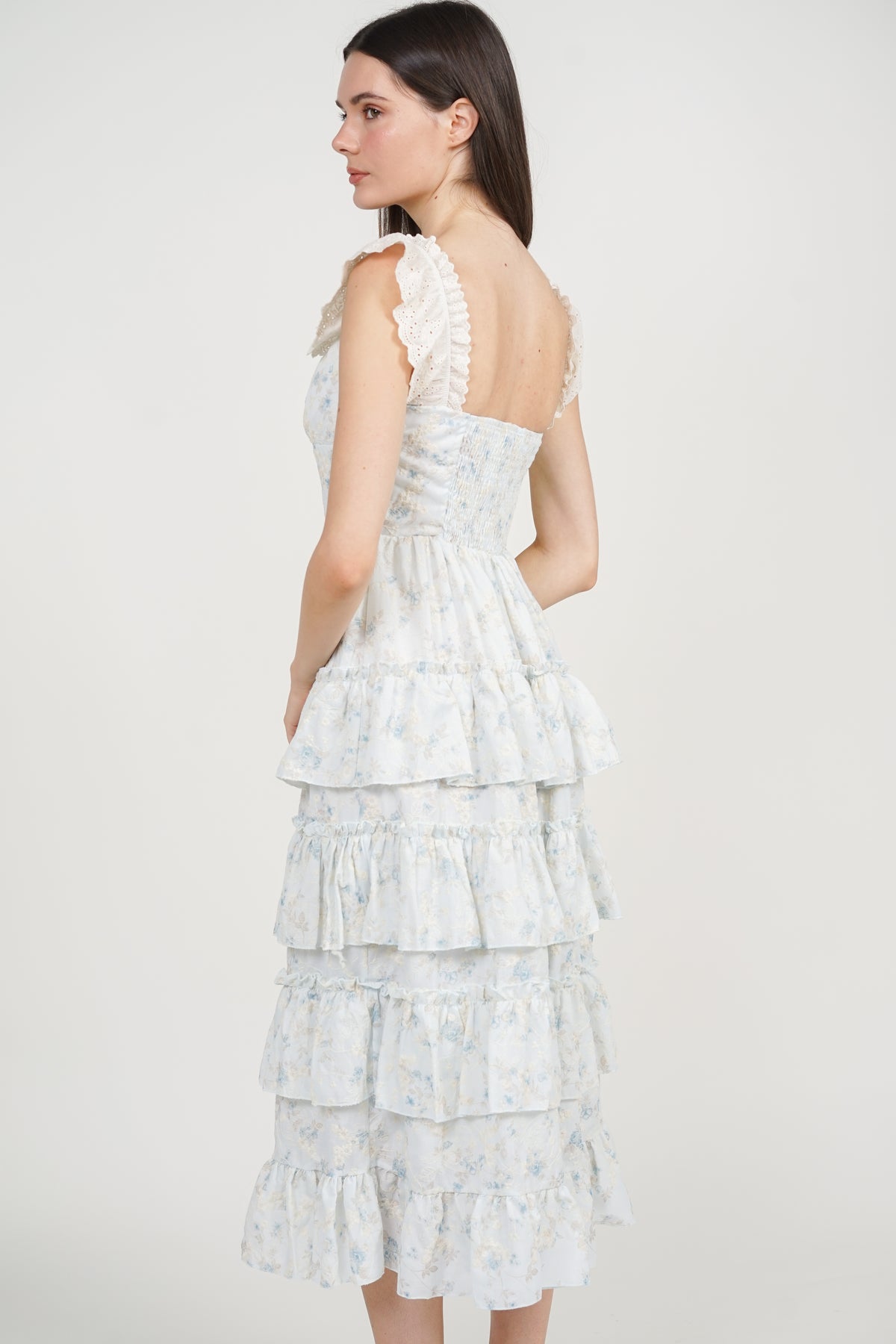 Tiered Maxi Floral Embroidery Dress in Blue