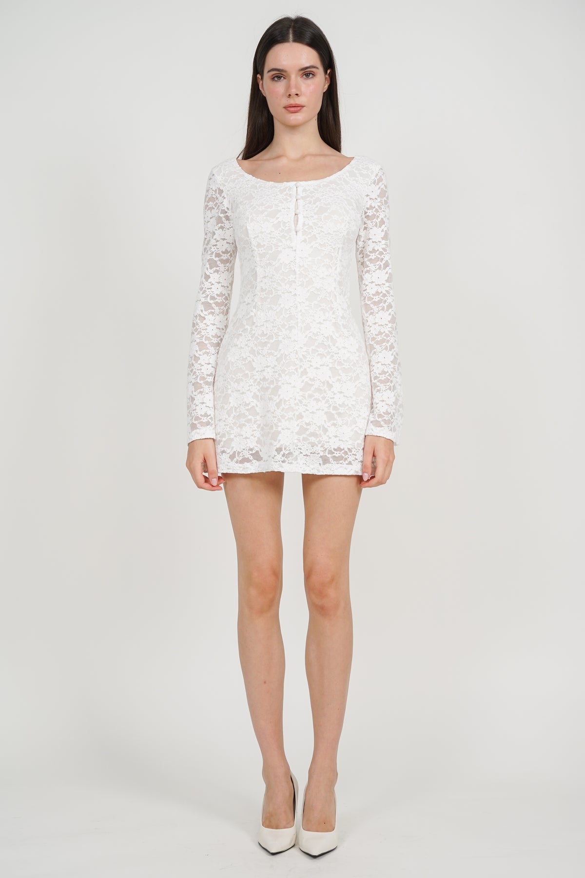 Bell Sleeve Form-Fitting Lace Short Dress in Ivory White