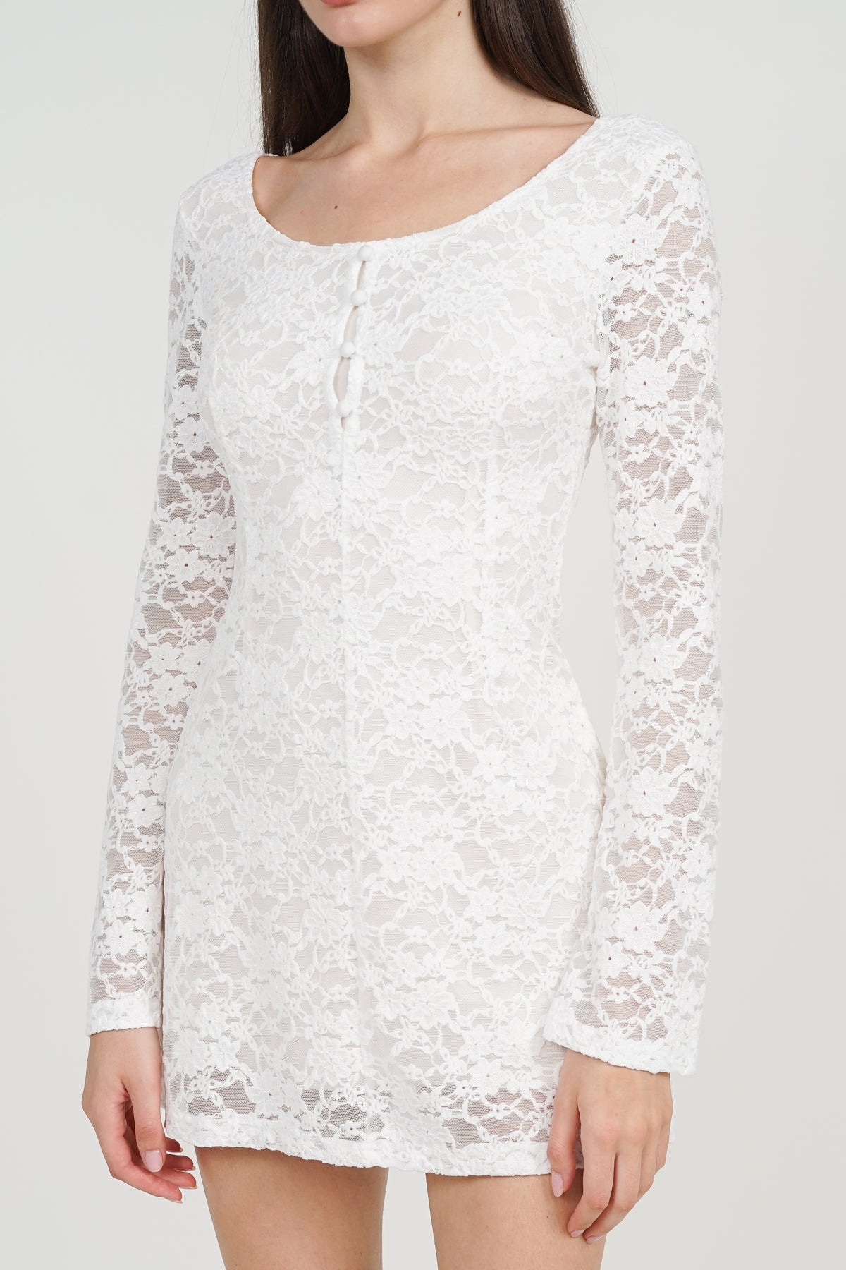 Bell Sleeve Form-Fitting Lace Short Dress in Ivory White