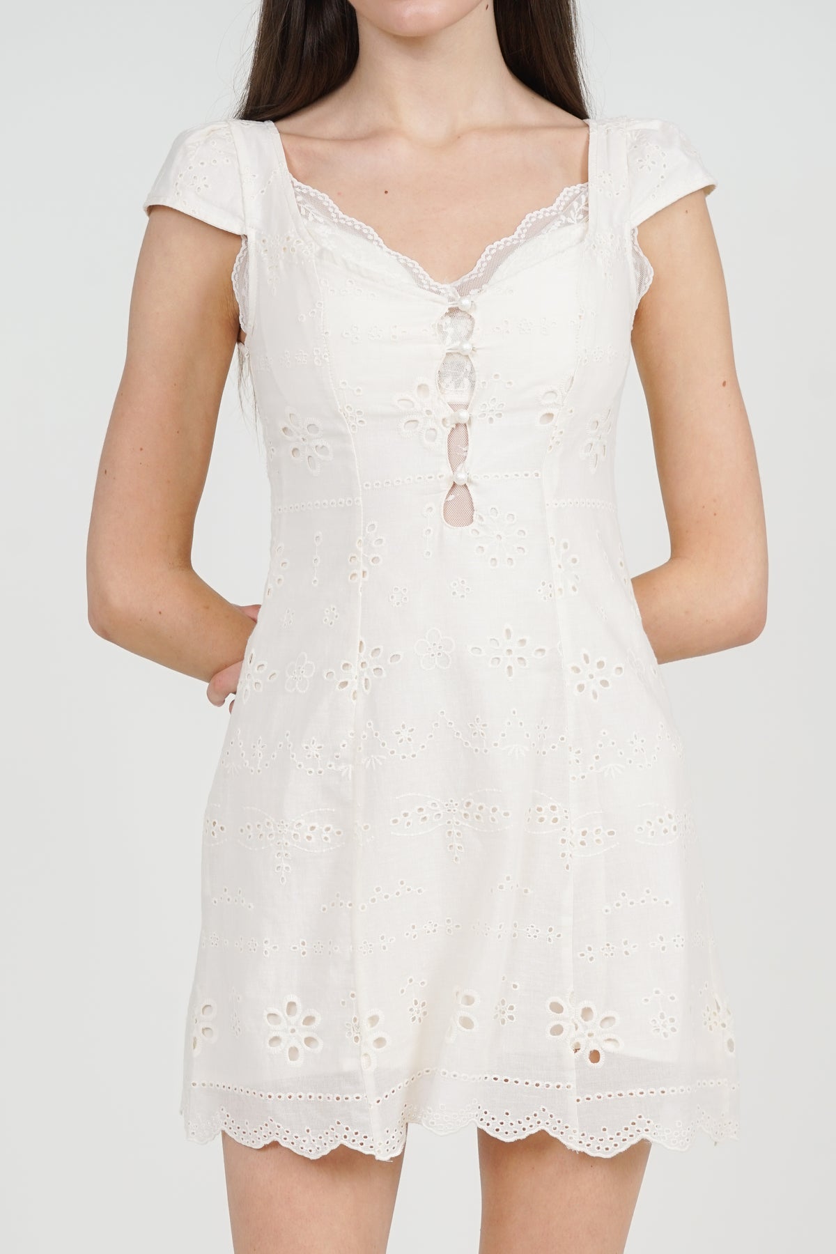 Crochet Lace A-Line Short Dress in Cream White