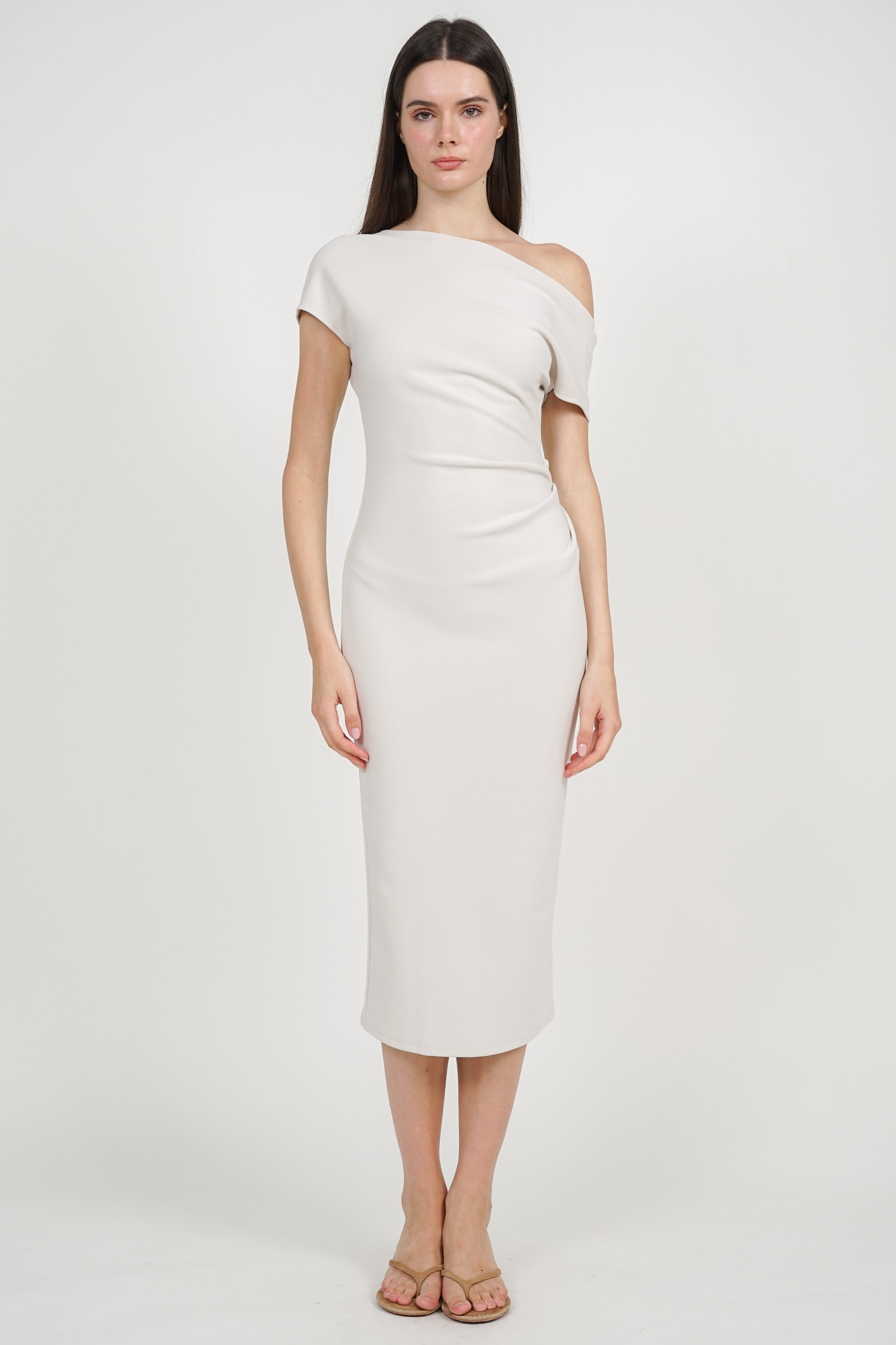 One Shoulder Midi Dress in Off-White