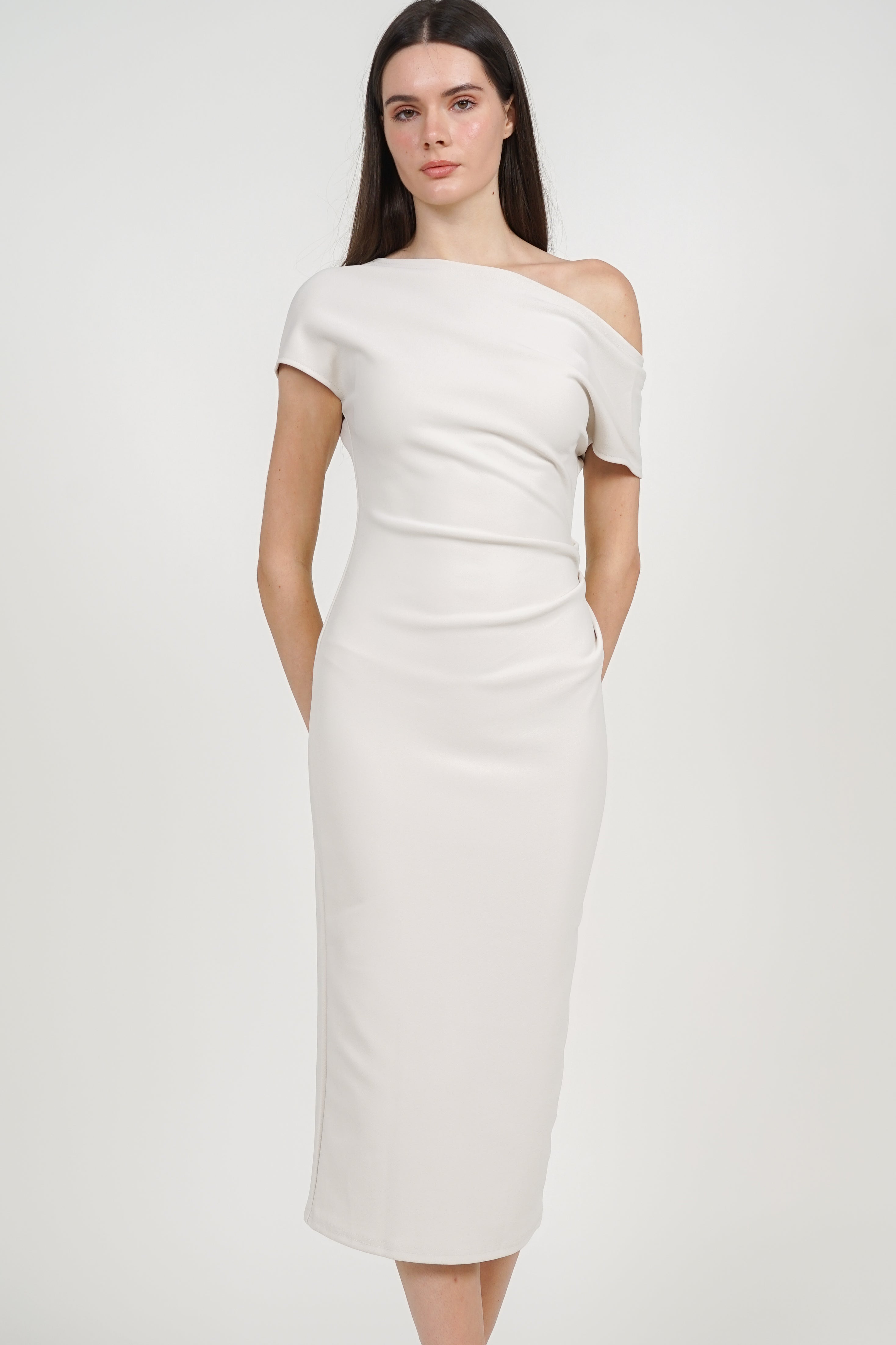 One Shoulder Midi Dress in Off-White