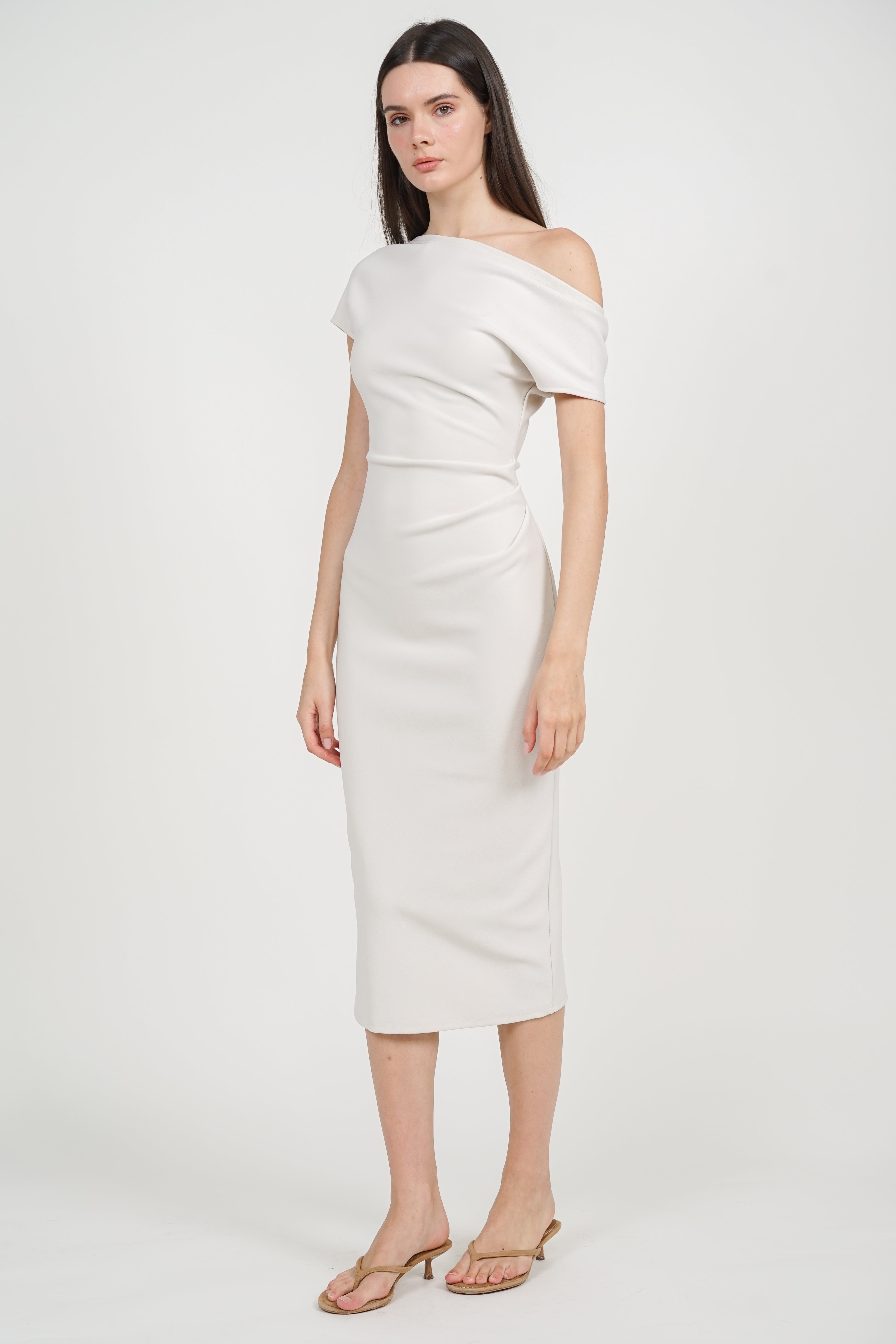 One Shoulder Midi Dress in Off-White