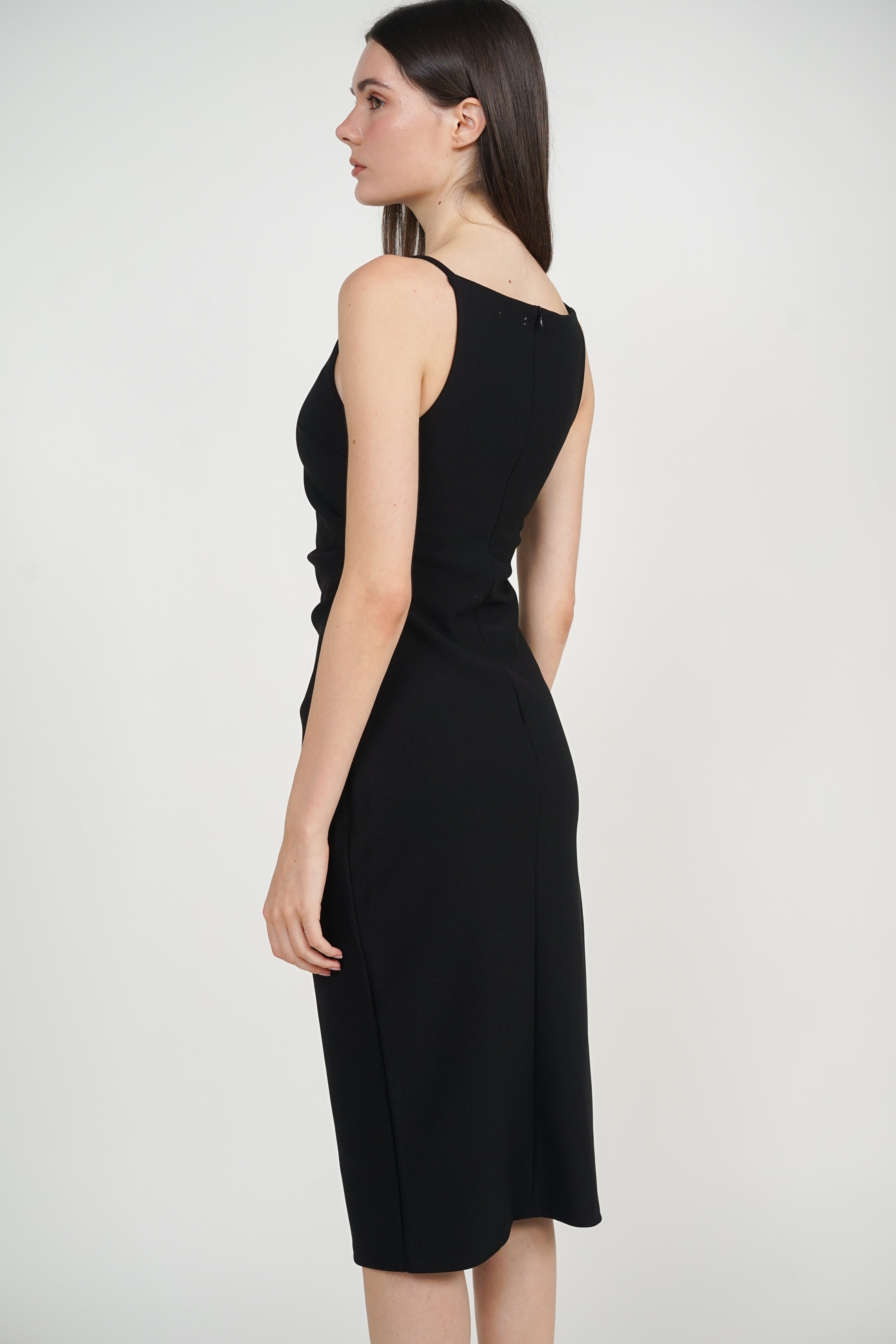 Draped Square Neck Side Slit Dress in Black