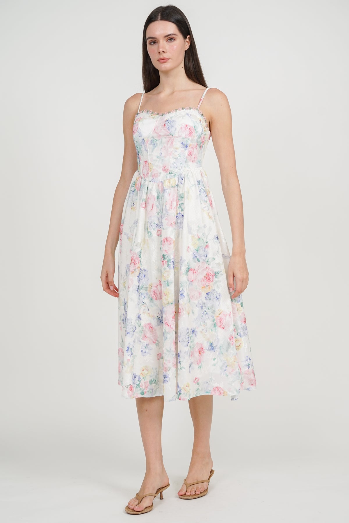 Bustier Gathered Midi Dress in Multi Rose