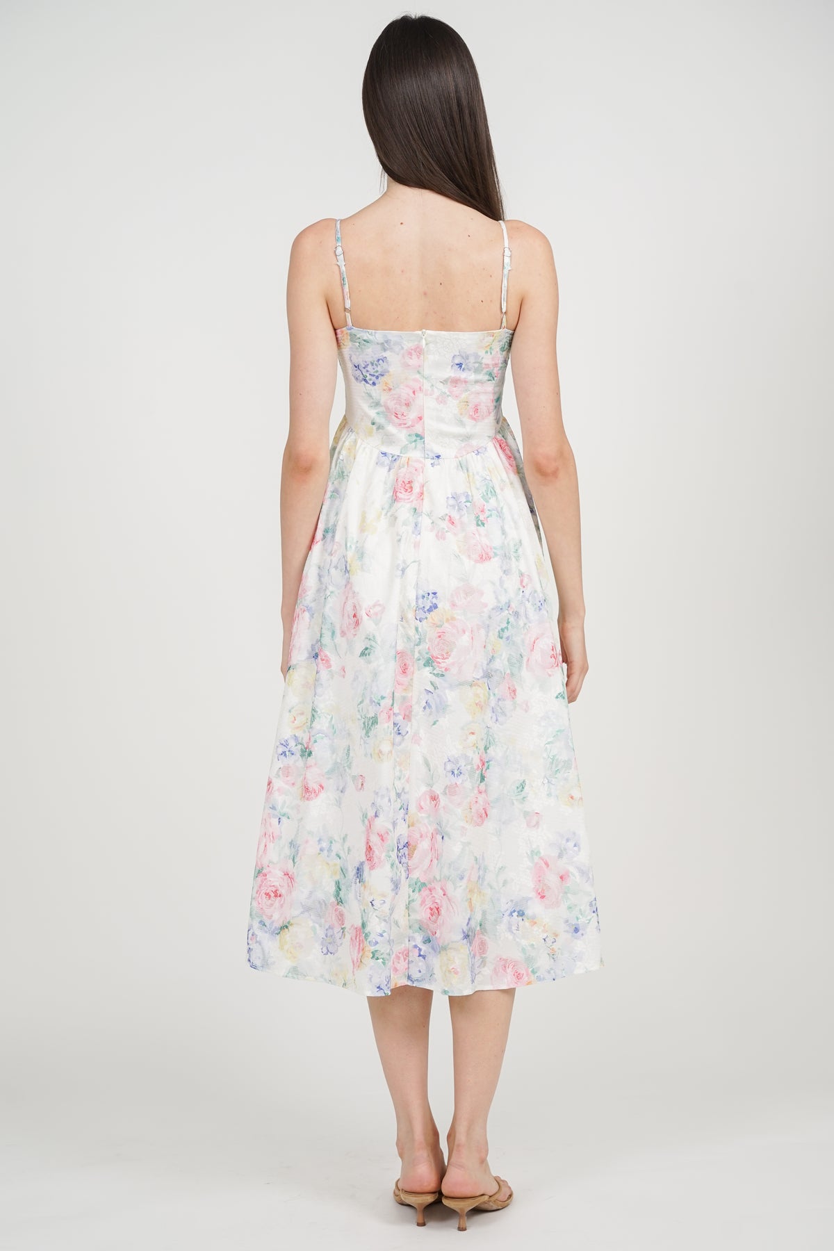 Bustier Gathered Midi Dress in Multi Rose