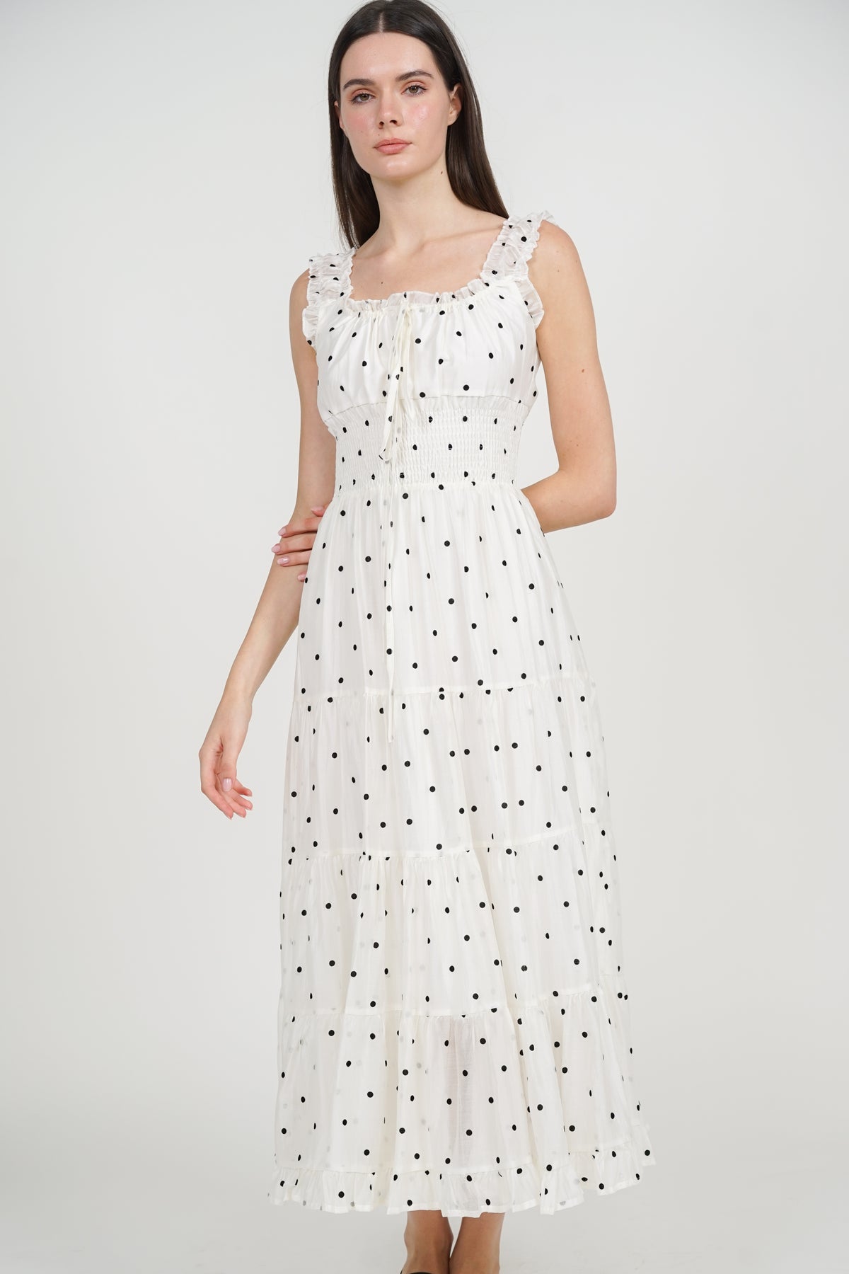 Smocked Waist Tiered Dress in White Polka Dots