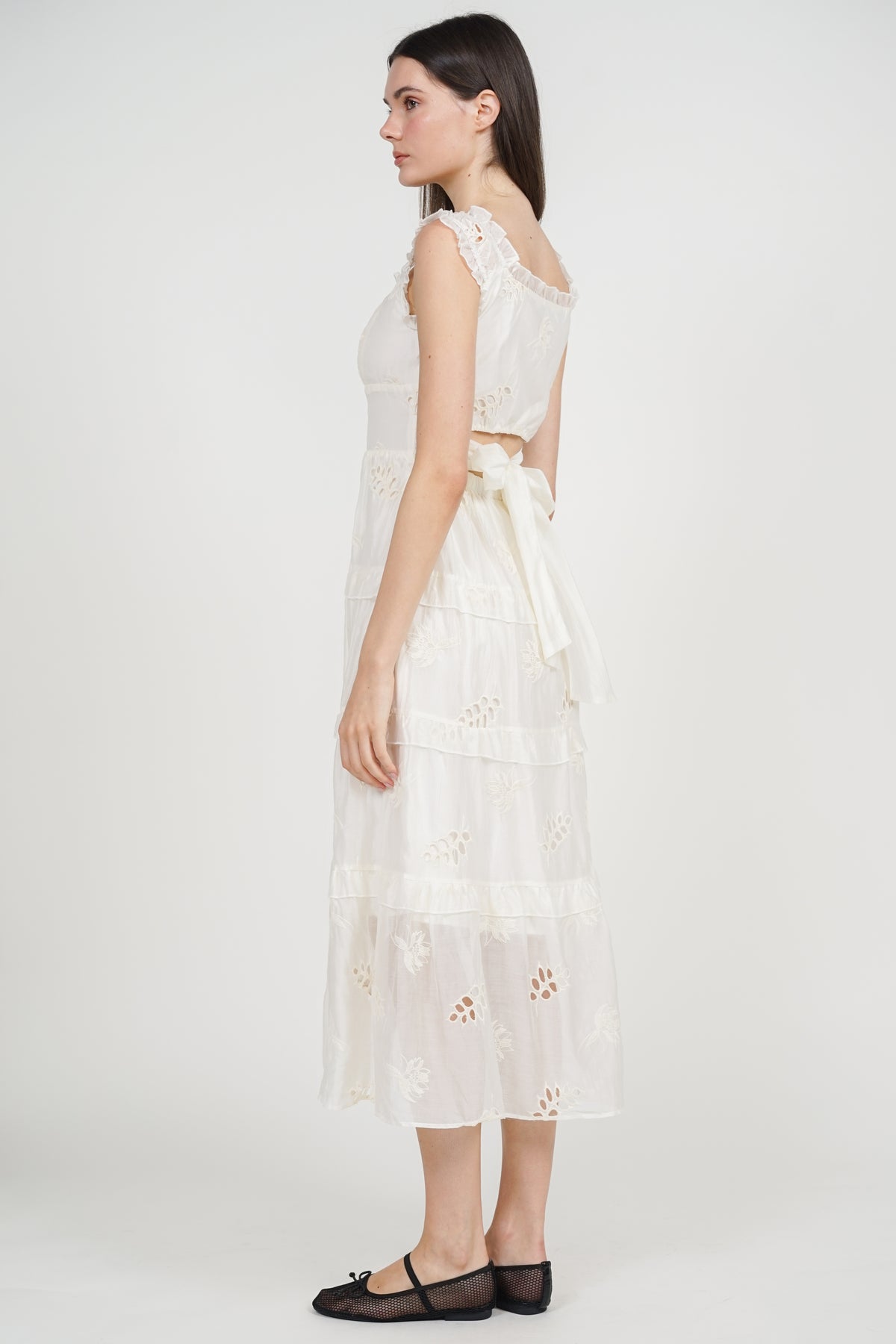 Crochet Ruched Tiered Dress in Apricot
