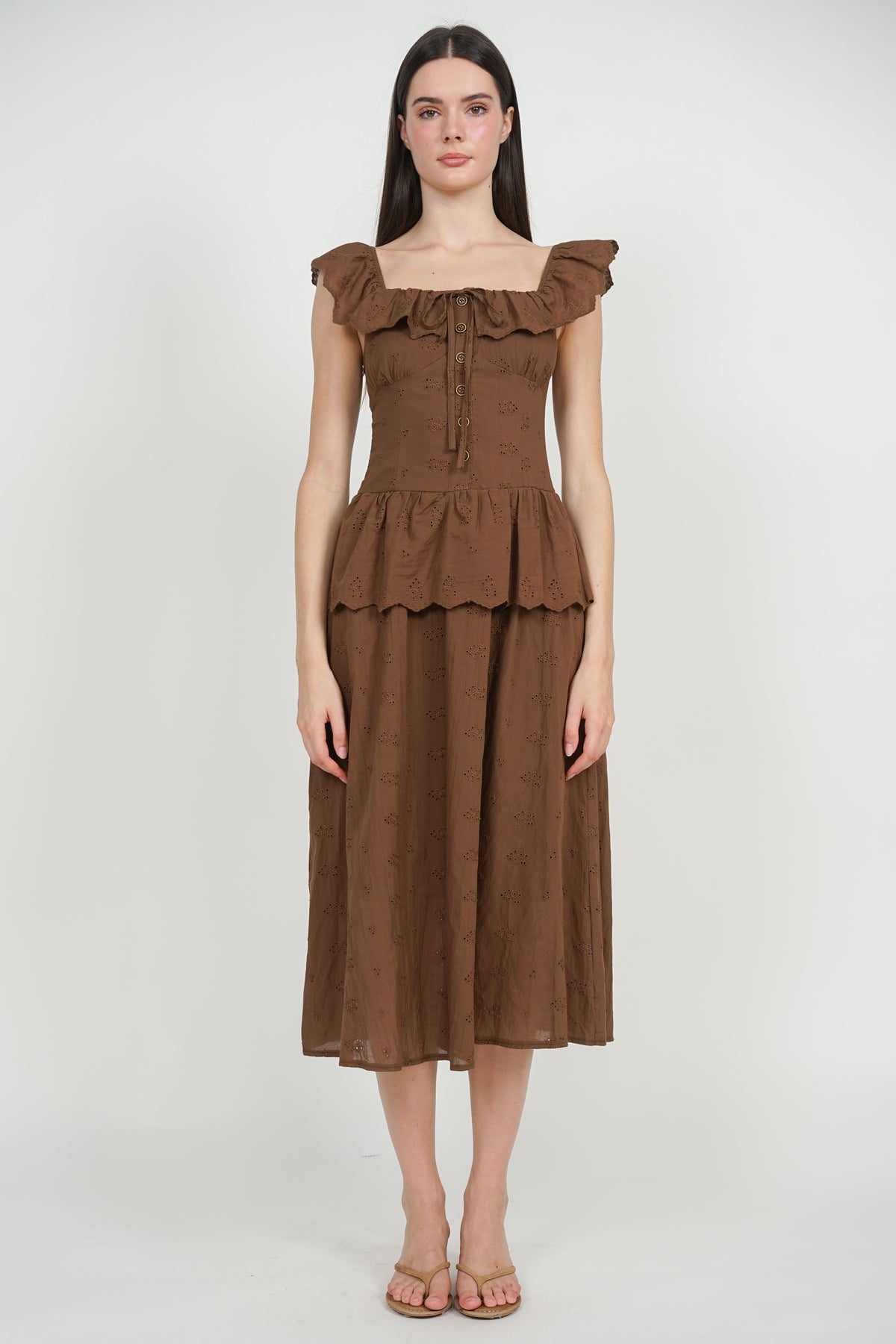 Dropwaist Peplum Maxi Dress in Brown Eyelet