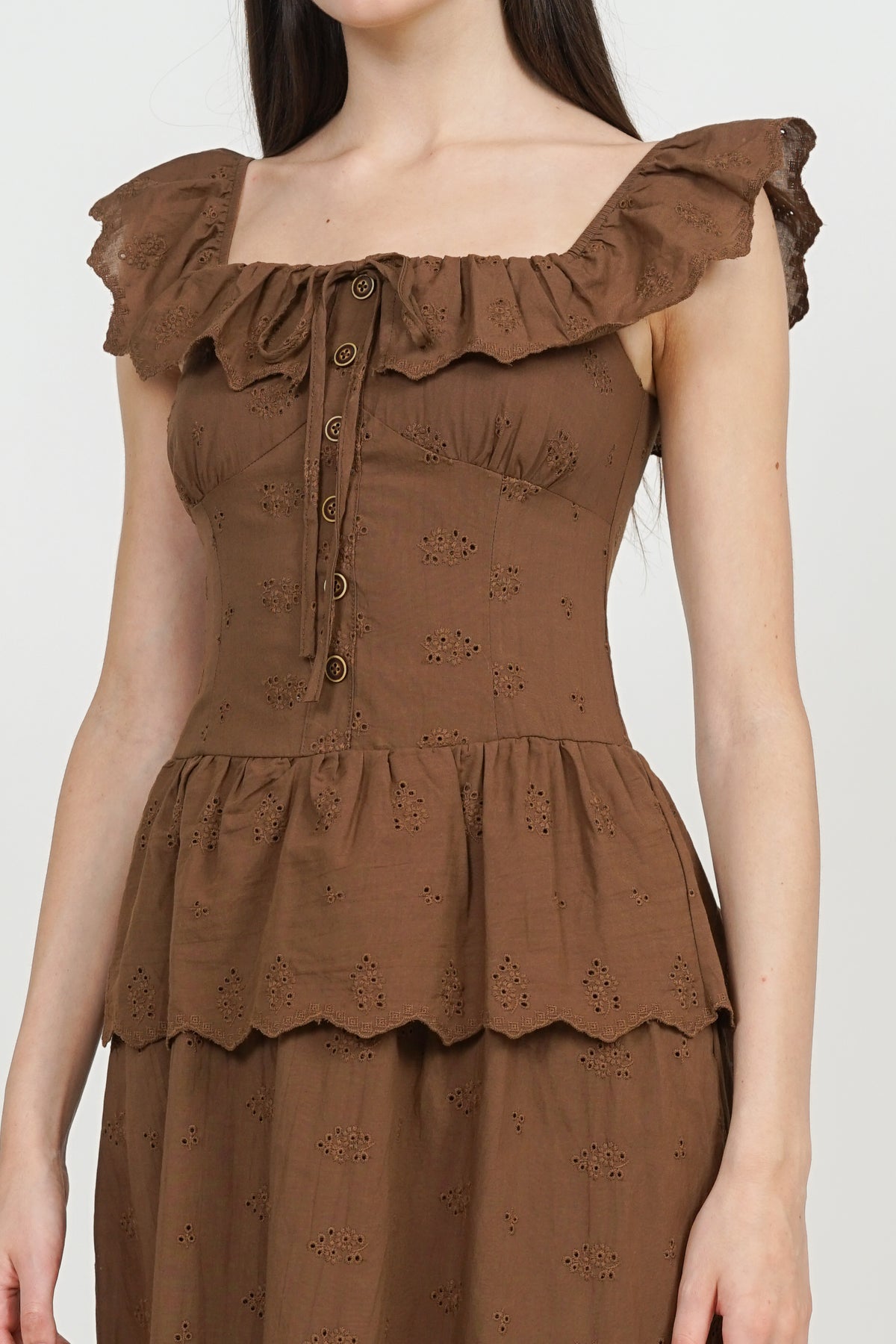 Dropwaist Peplum Maxi Dress in Brown Eyelet