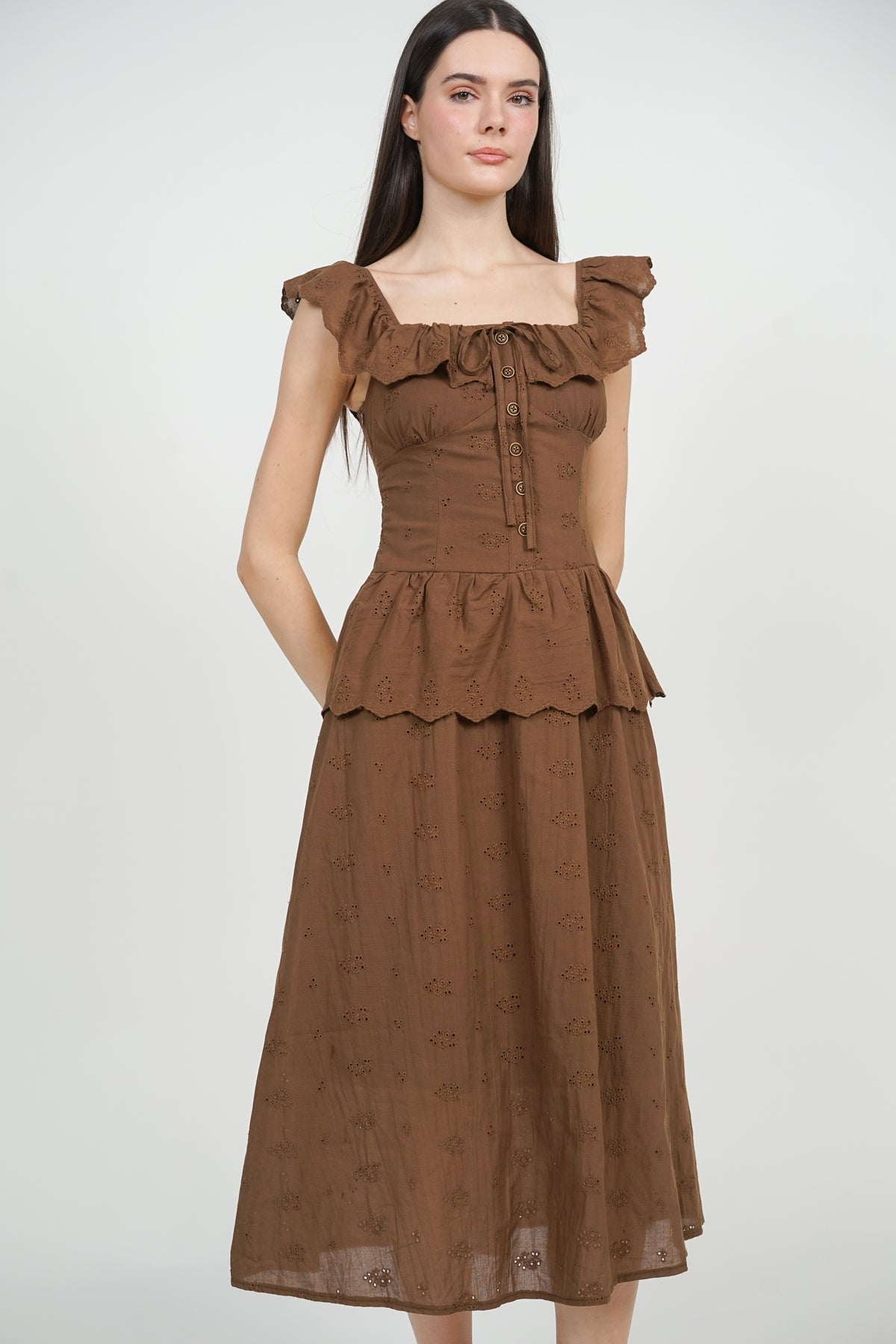 Dropwaist Peplum Maxi Dress in Brown Eyelet