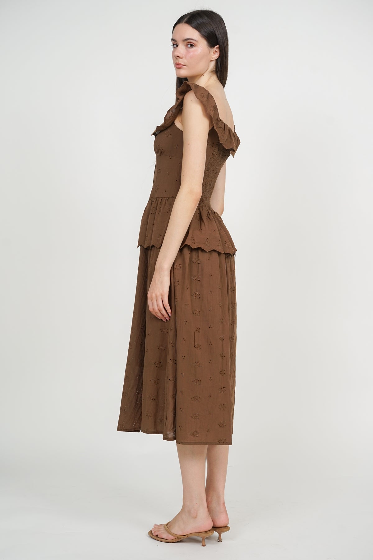 Dropwaist Peplum Maxi Dress in Brown Eyelet