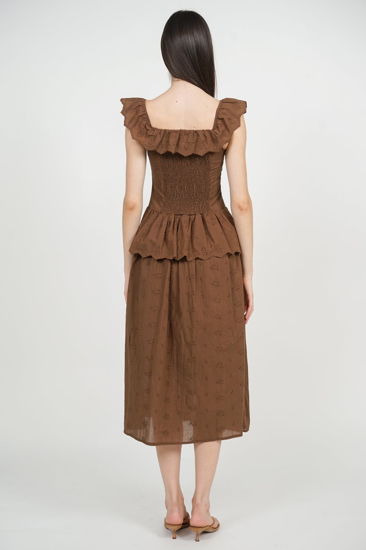 Dropwaist Peplum Maxi Dress in Brown Eyelet
