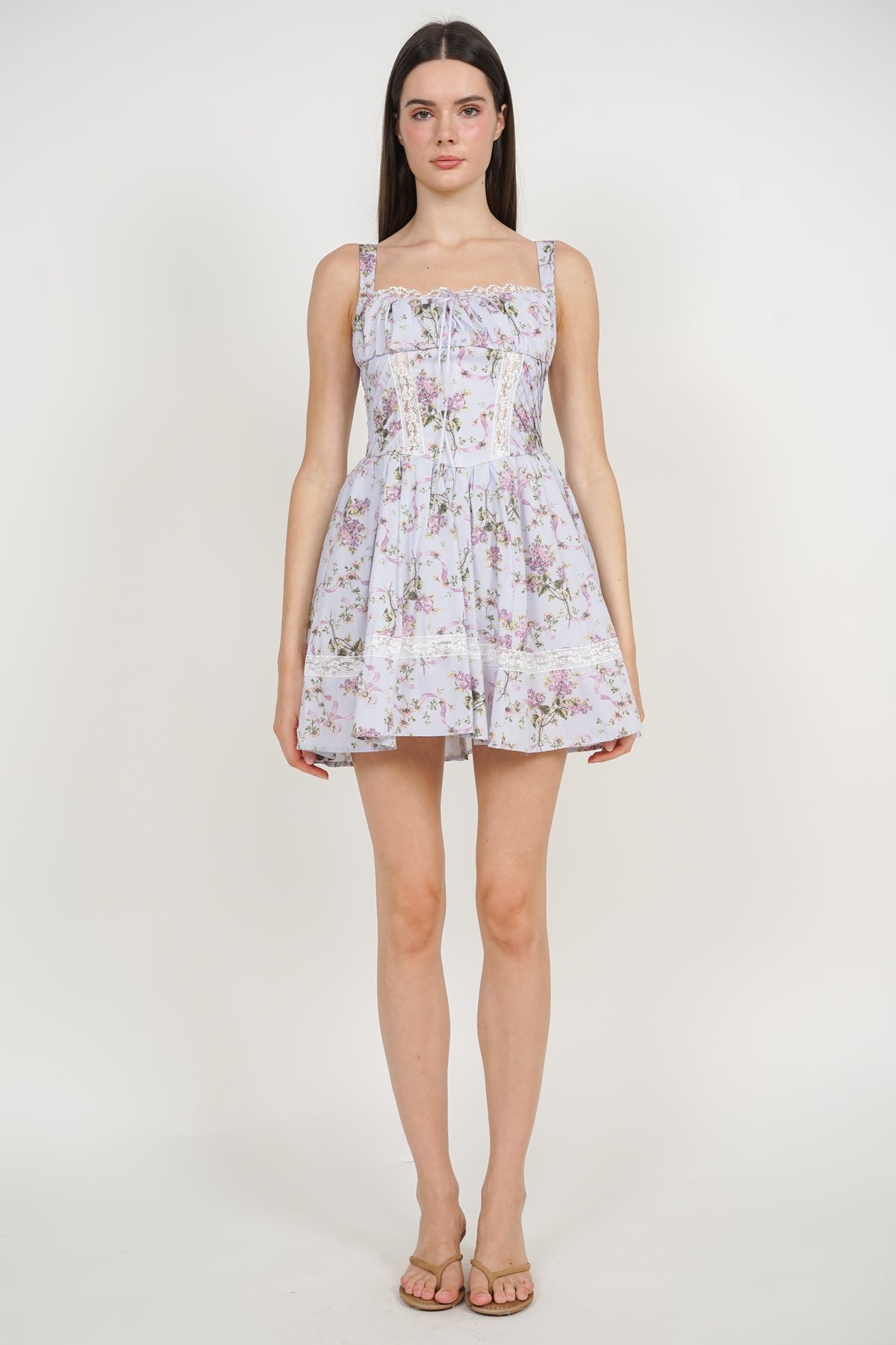 Ruched Lace Panel Dress in Purple Floral