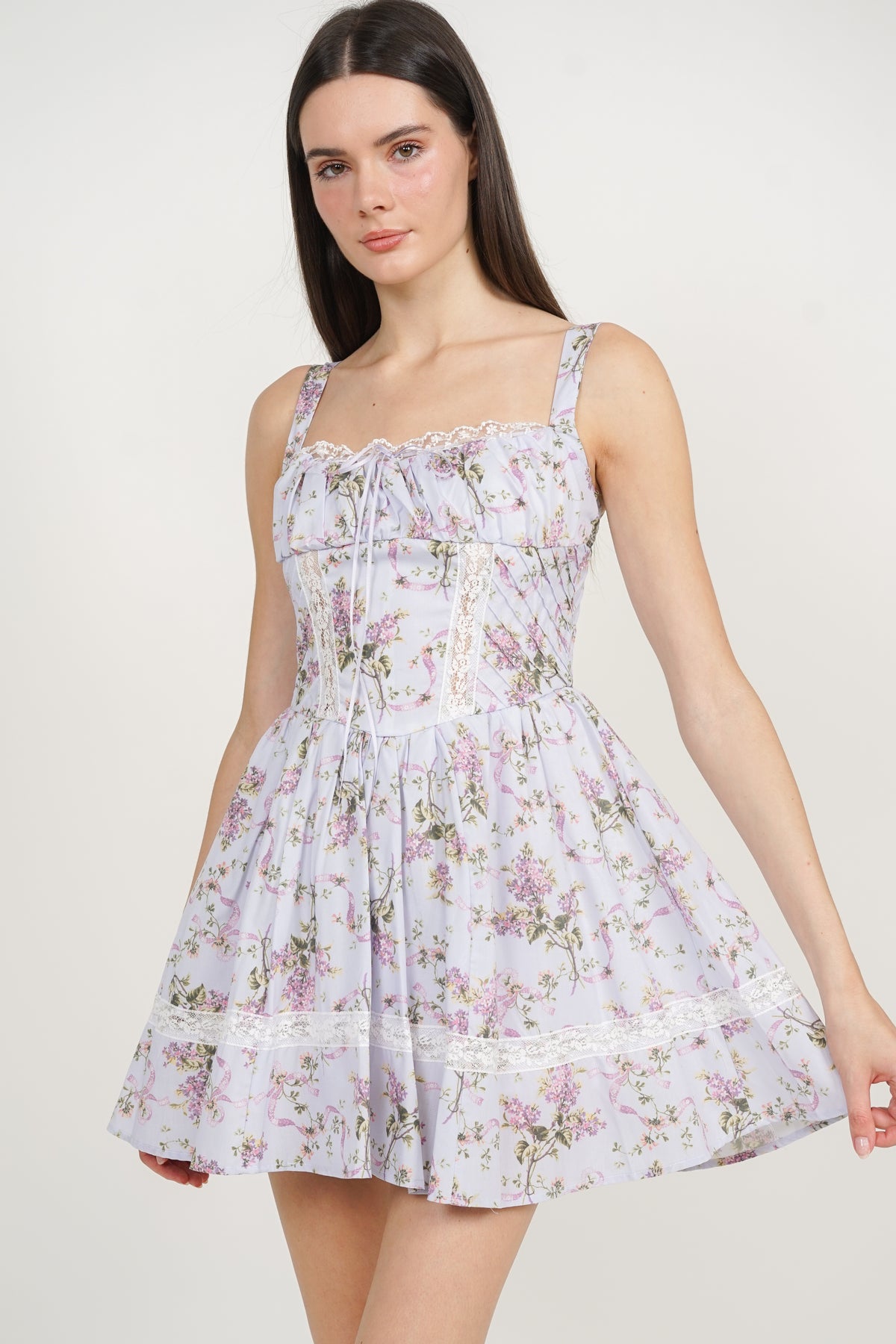 Ruched Lace Panel Dress in Purple Floral