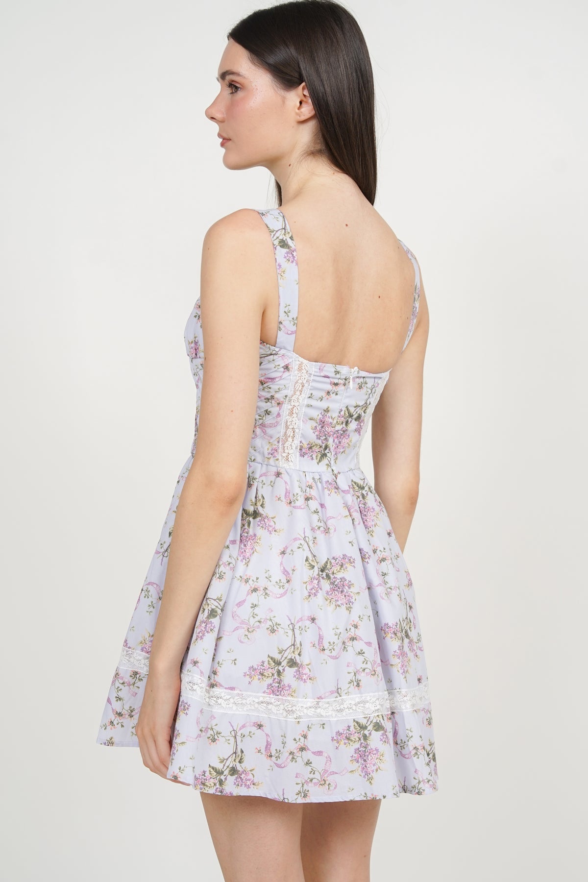 Ruched Lace Panel Dress in Purple Floral