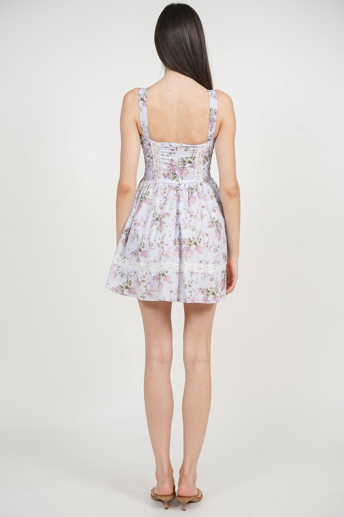 Ruched Lace Panel Dress in Purple Floral
