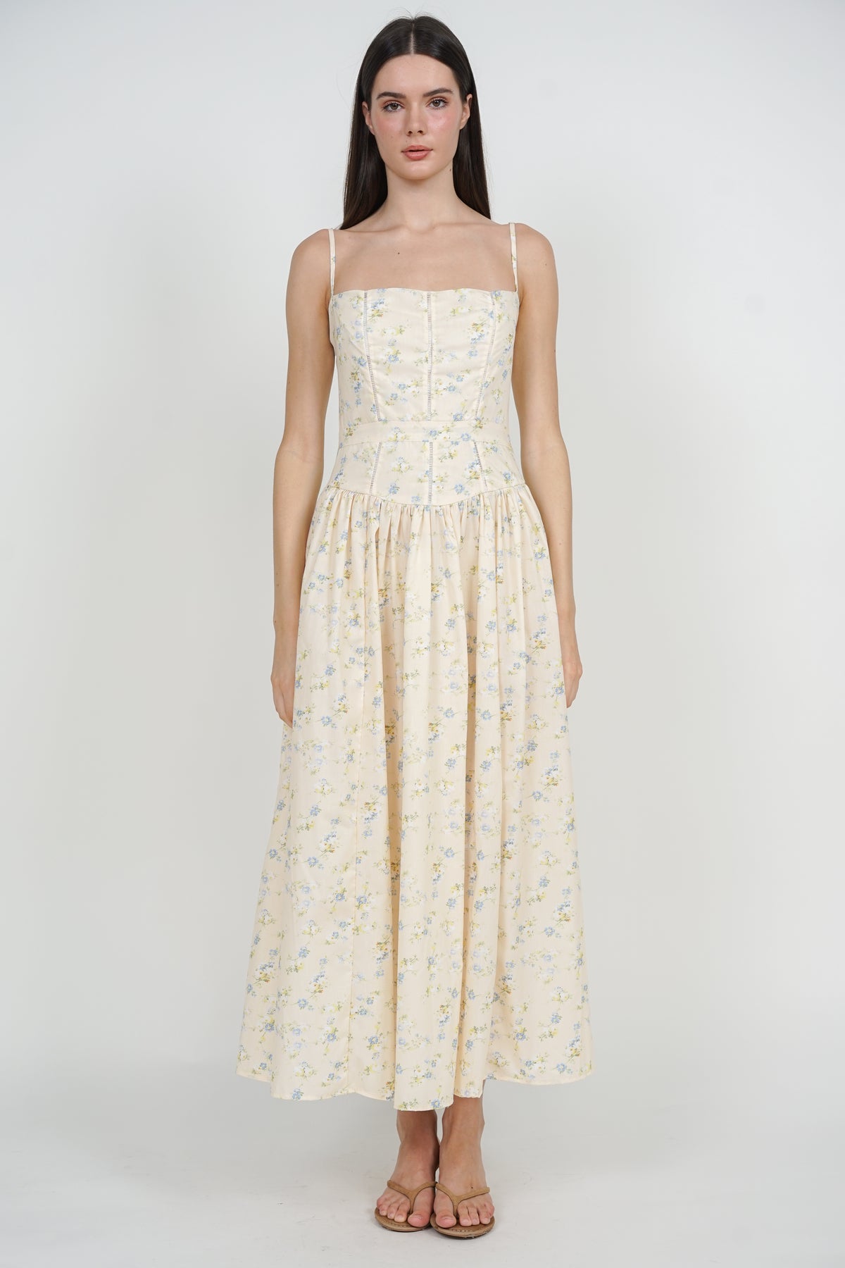 Panel Gathered Maxi Dress in Yellow Floral