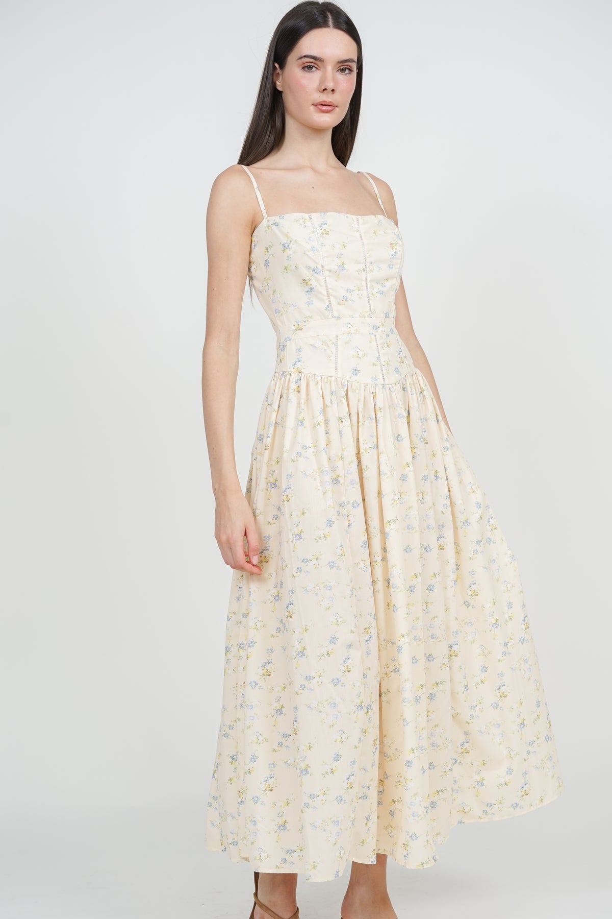 Panel Gathered Maxi Dress in Yellow Floral