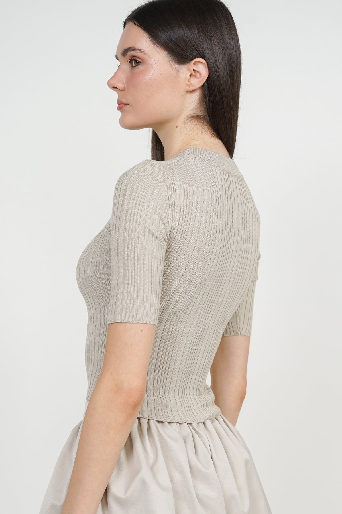 Round Neck Ribbed Knit Top in Milk Tea