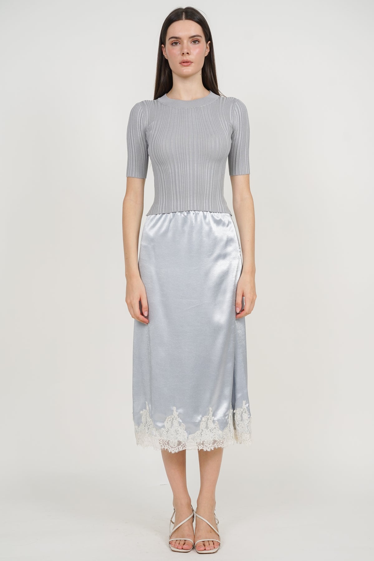 Round Neck Ribbed Knit Top in Blue Grey