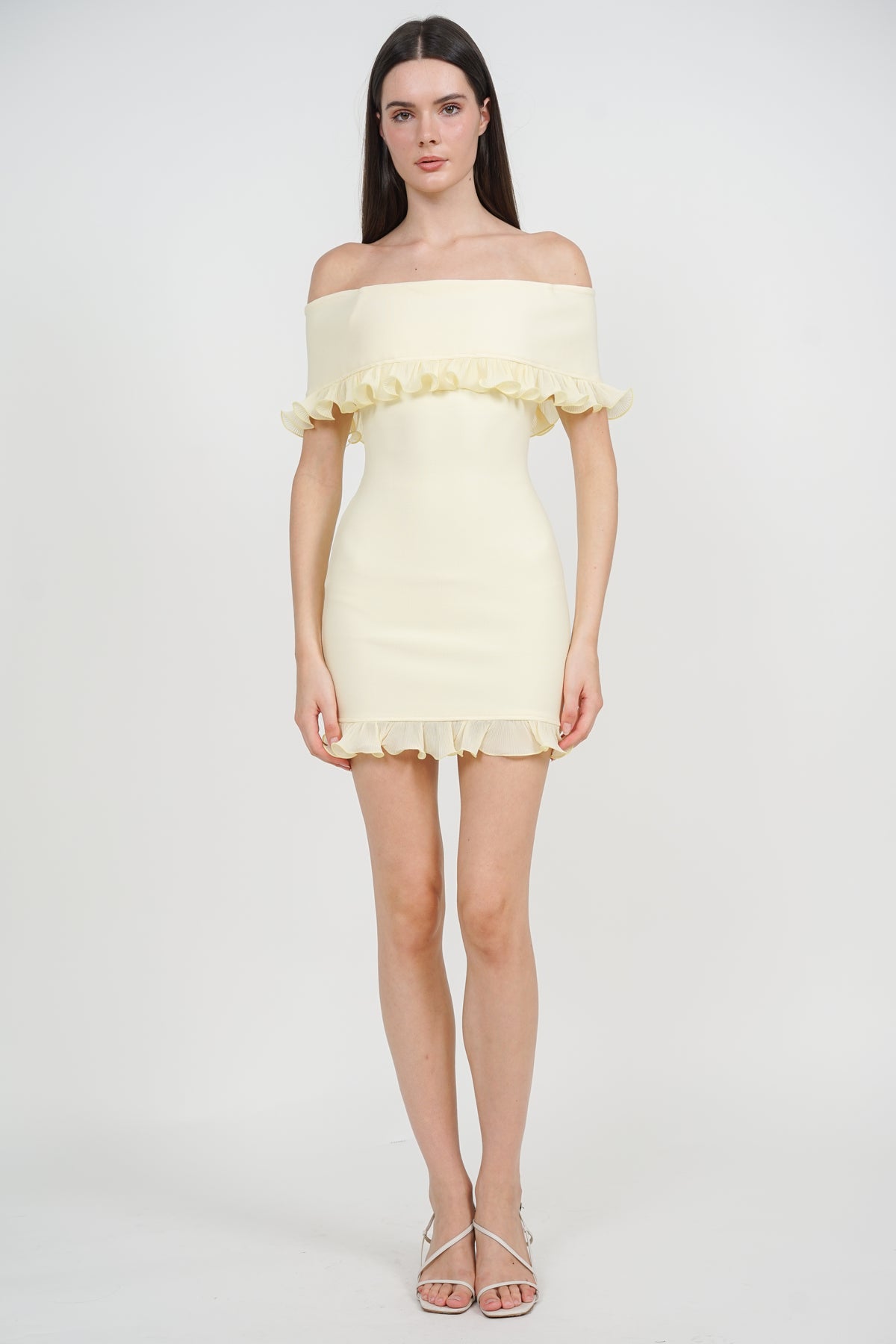 Off-Shoulder Ruffled Frill-Hem Mini Dress in Buttercup