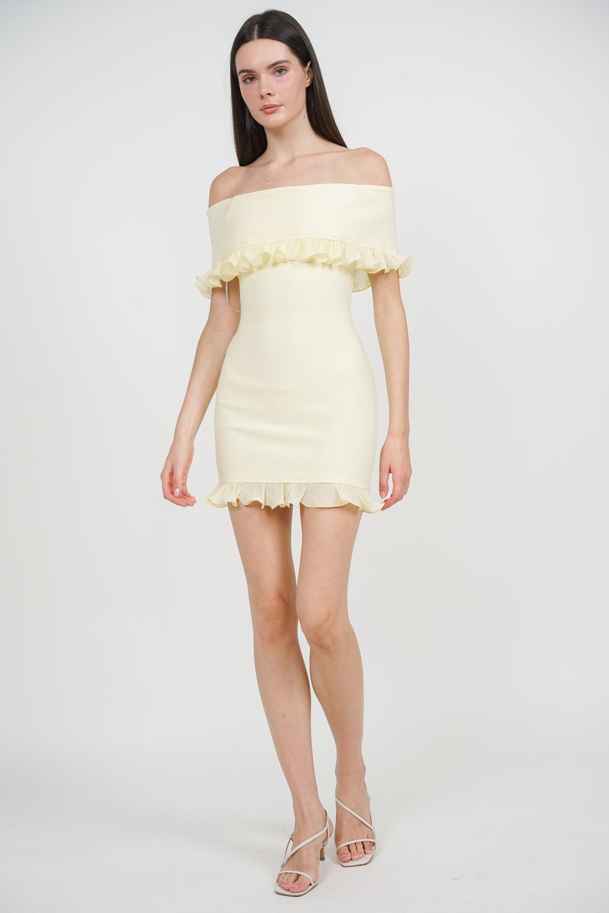 Off-Shoulder Ruffled Frill-Hem Mini Dress in Buttercup