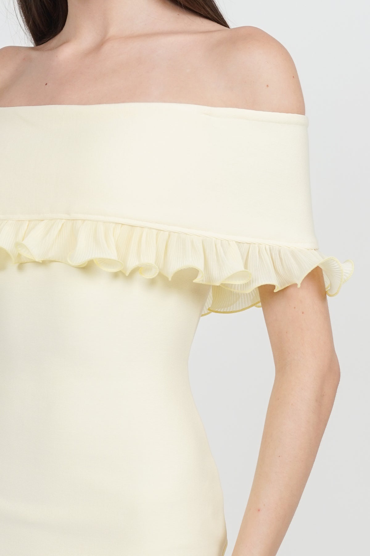 Off-Shoulder Ruffled Frill-Hem Mini Dress in Buttercup