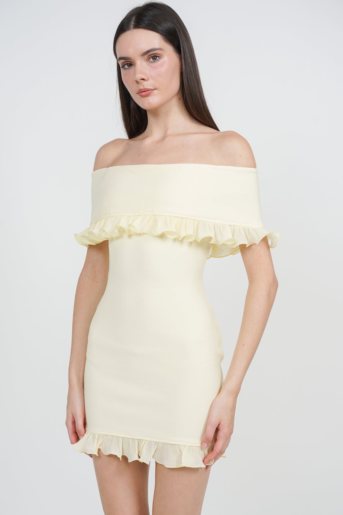 Off-Shoulder Ruffled Frill-Hem Mini Dress in Buttercup