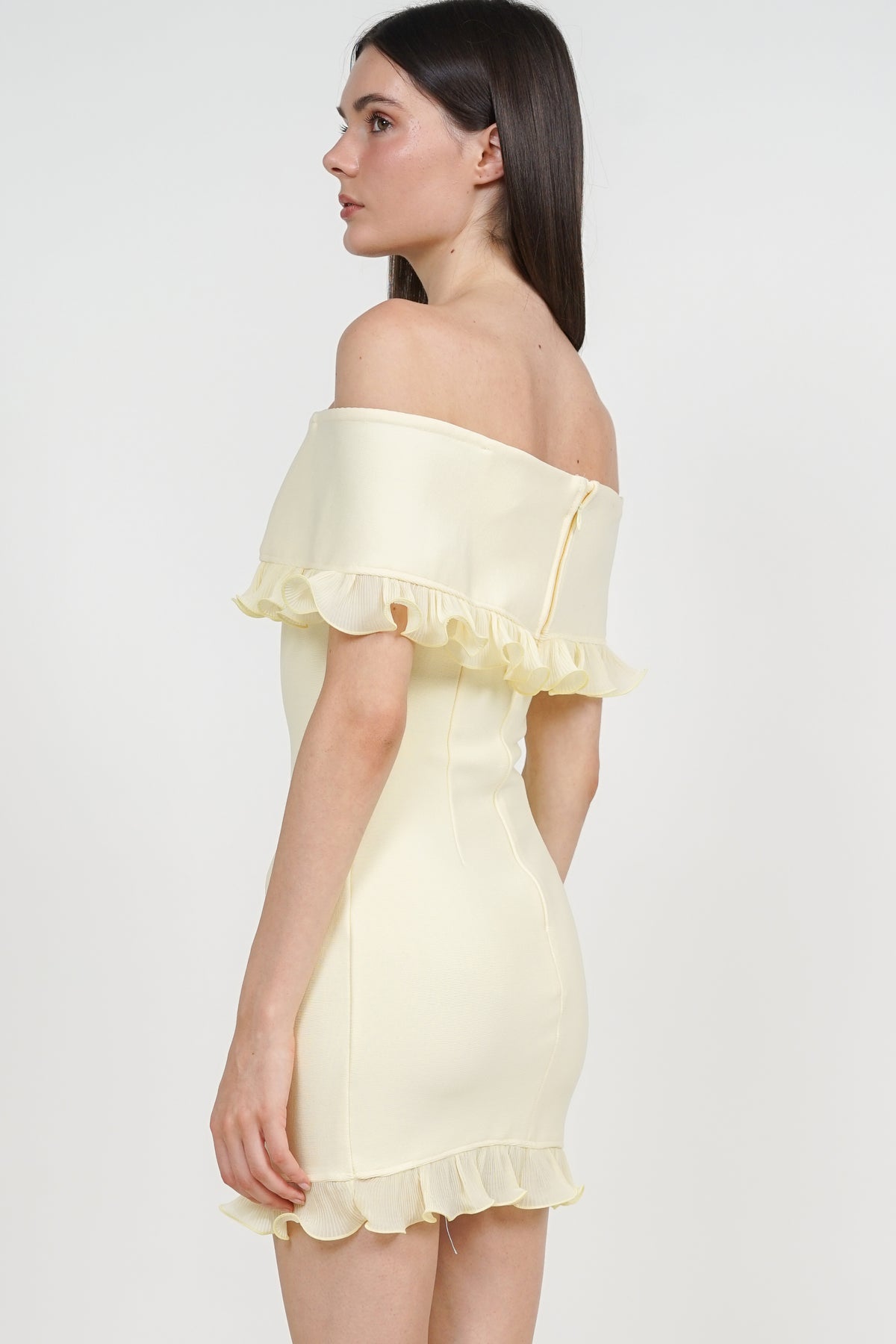 Off-Shoulder Ruffled Frill-Hem Mini Dress in Buttercup