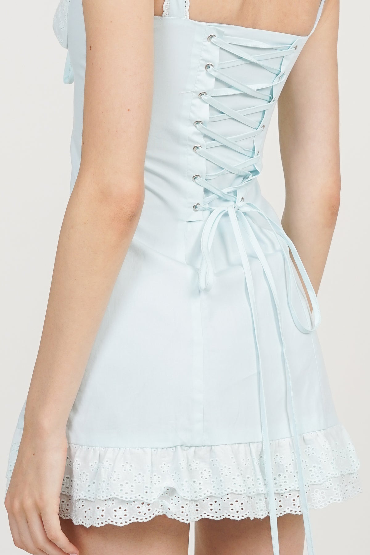 Lace Tie-Waist Mini Dress in Light Blue Eyelet