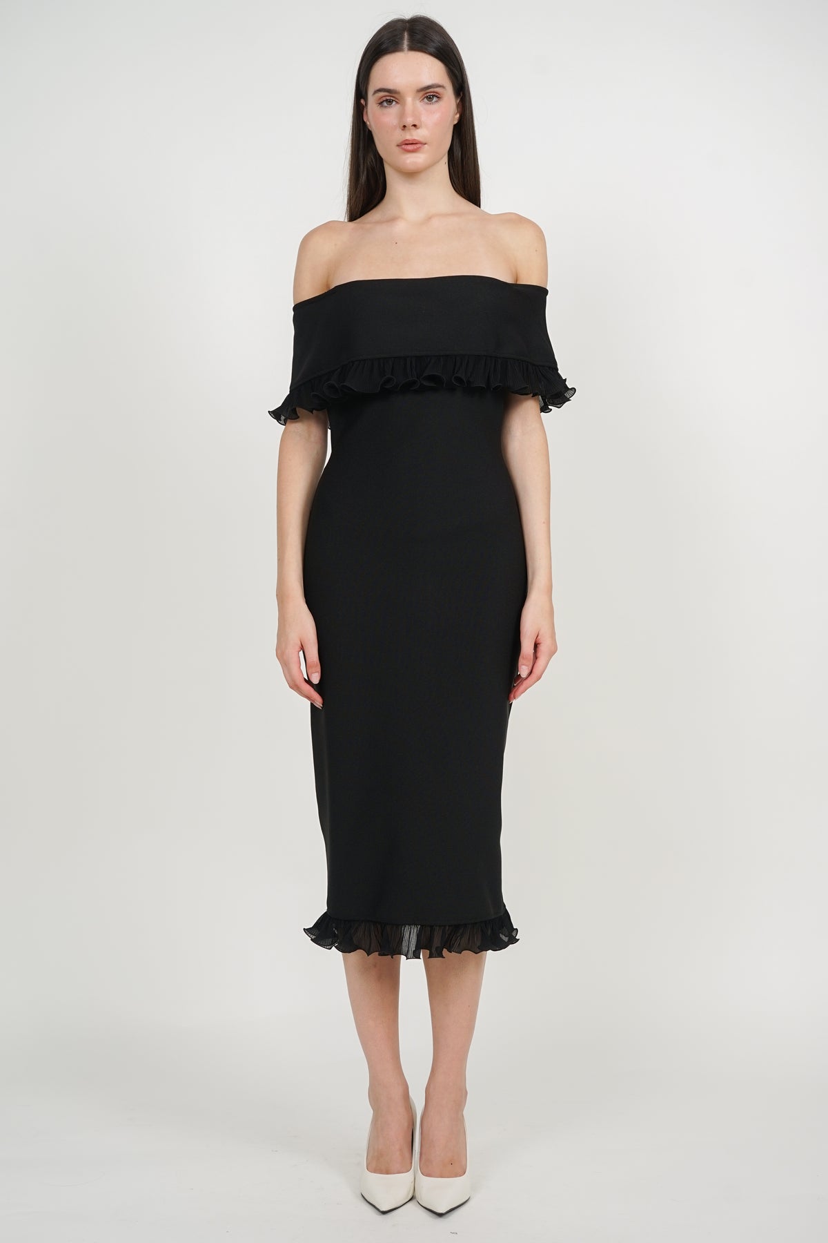 Off-Shoulder Ruffled Frill-Hem Dress in Black