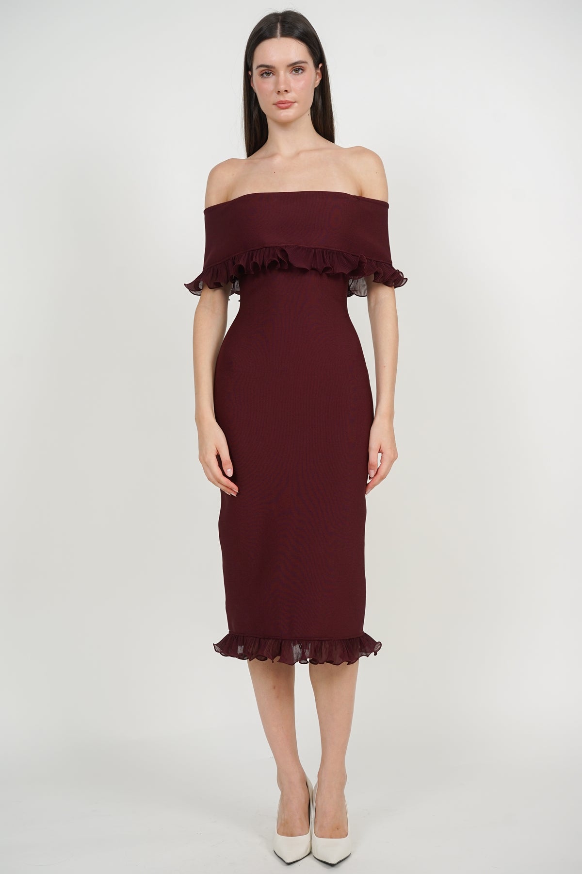 Off-Shoulder Ruffled Frill-Hem Dress in Dark Wine